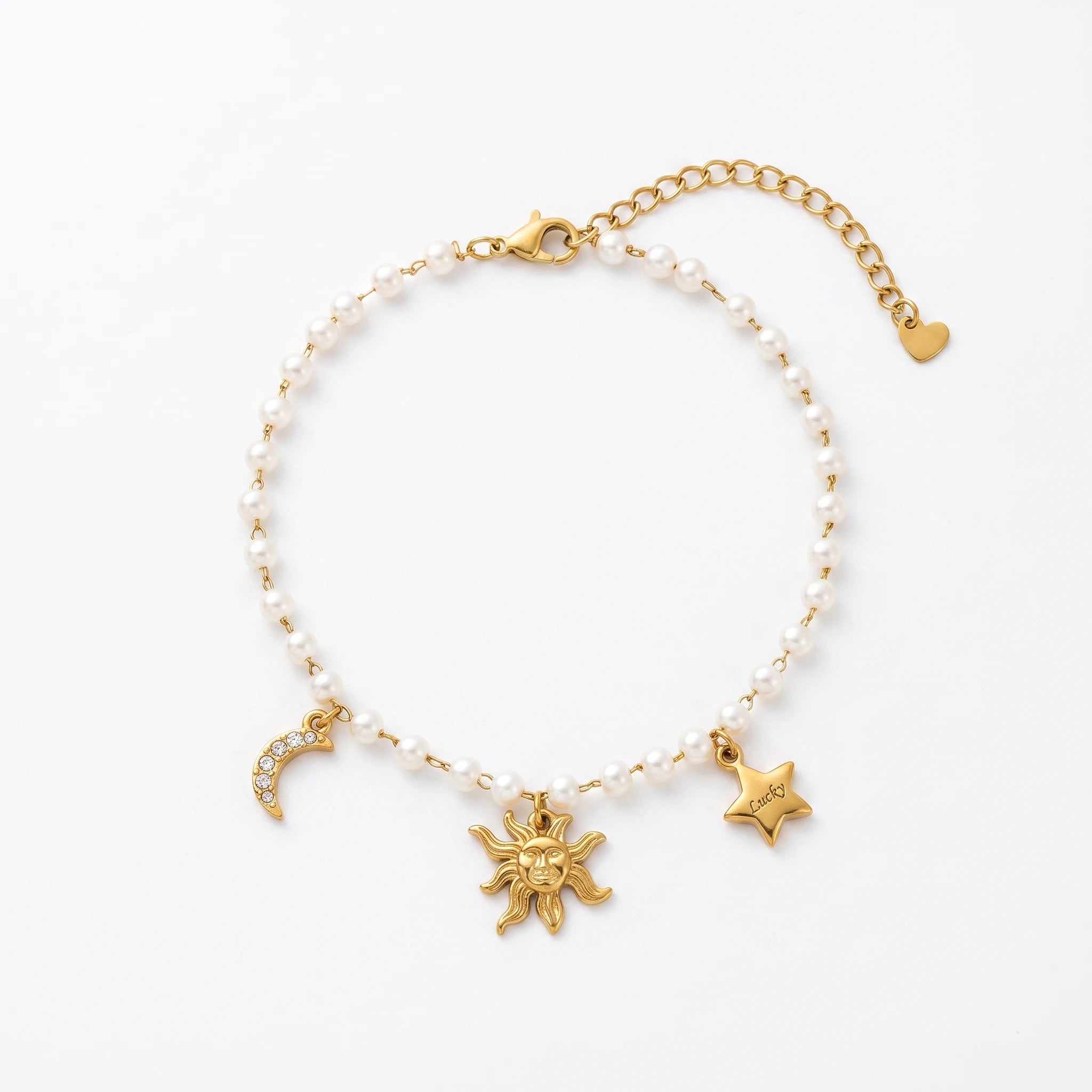QIAOREN 13312 Celestial Charm Pearl Anklet Stainless Steel Carved Sun Crystal Moon Lucky Star Pendant Lobster Clasp