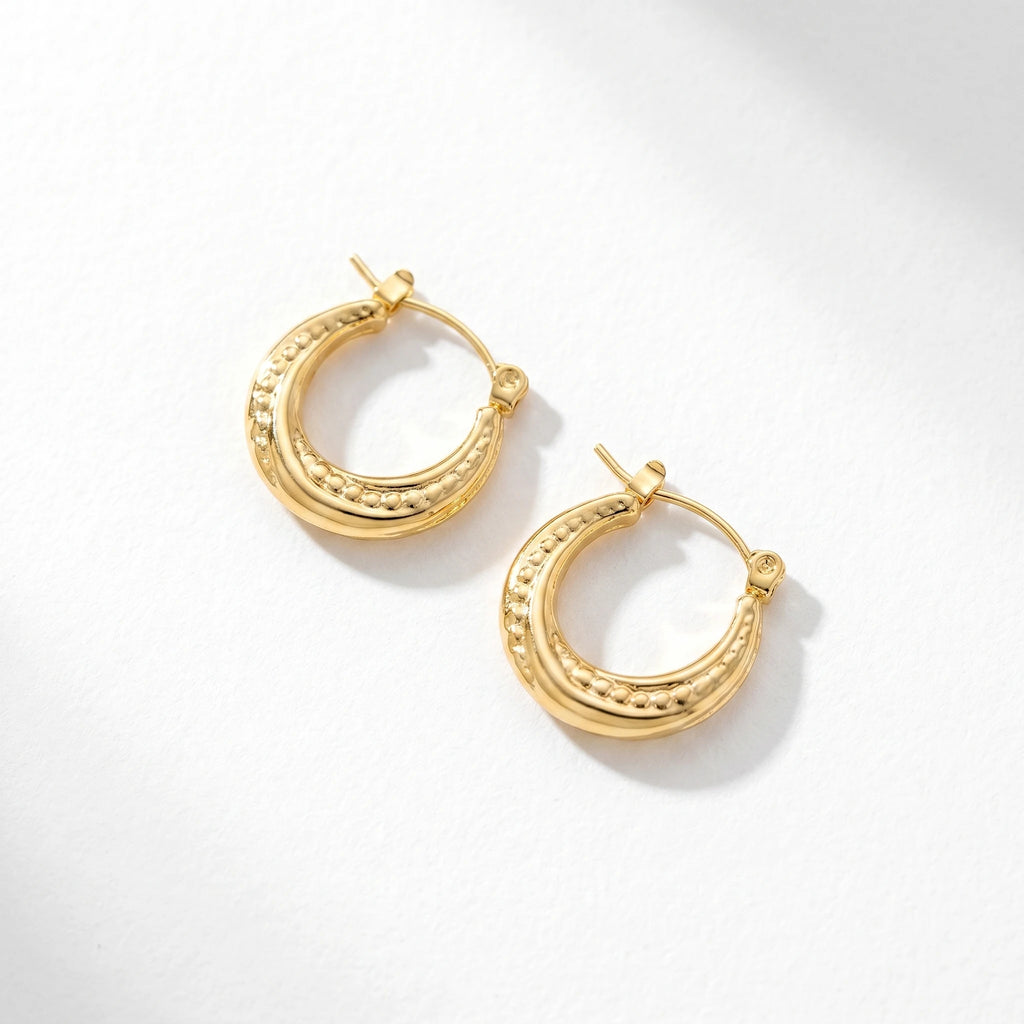 QIAOREN 12534 Waterproof 18K Gold Beaded Hoops Stainless Steel Tarnish Free Bold Dot Grain Puffy Huggie Earrings US EU