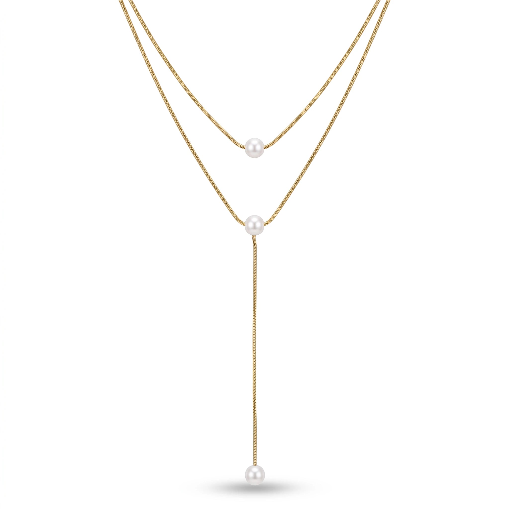 QIAOREN 13507 Double Layer Y Drop Pearl Pendant Necklace with Thin Snake Chain, Three Dangle Round Shell Pearl Charms Necklace