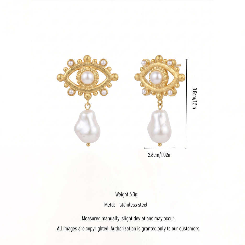 QIAOREN 13439 Textured Matte Stud Earrings With Tiny Round Pearl Inlay, Irregular Freshwater Pearl Dangle Ear Jewelry
