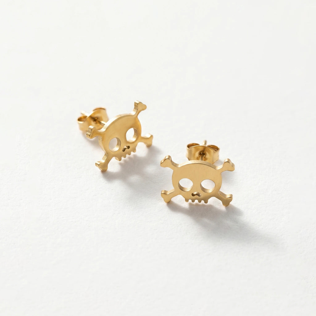 QIAOREN 11866 Edgy Gold Skull Earrings Stainless Steel Hollow Skull Crossbones Studs Halloween Jewelry Unique Gift for Women Men