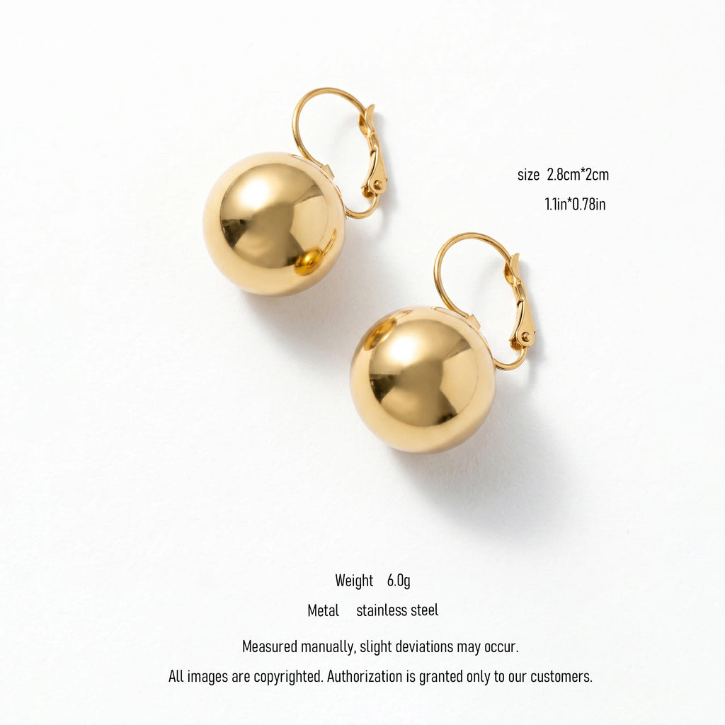 QIAOREN 10893 Vintage French Gold Ball Hoop Earrings High Polished Stainless Steel Leverback Waterproof Trendy Geometric Jewelry