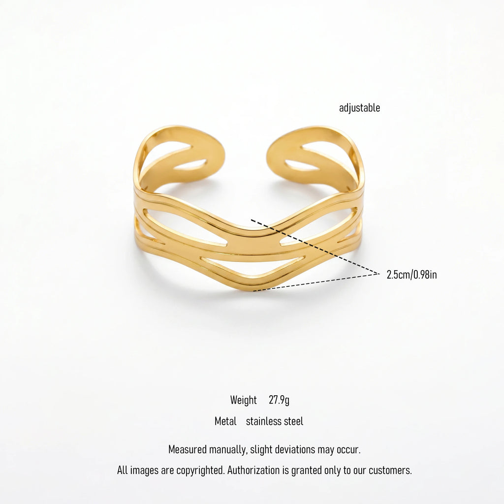 QIAOREN 12665 18K Gold Polished Triple Layer  Bracelet Stainless Steel Abstract Curved Adjustable Stackable Wrist Jewelry Gift