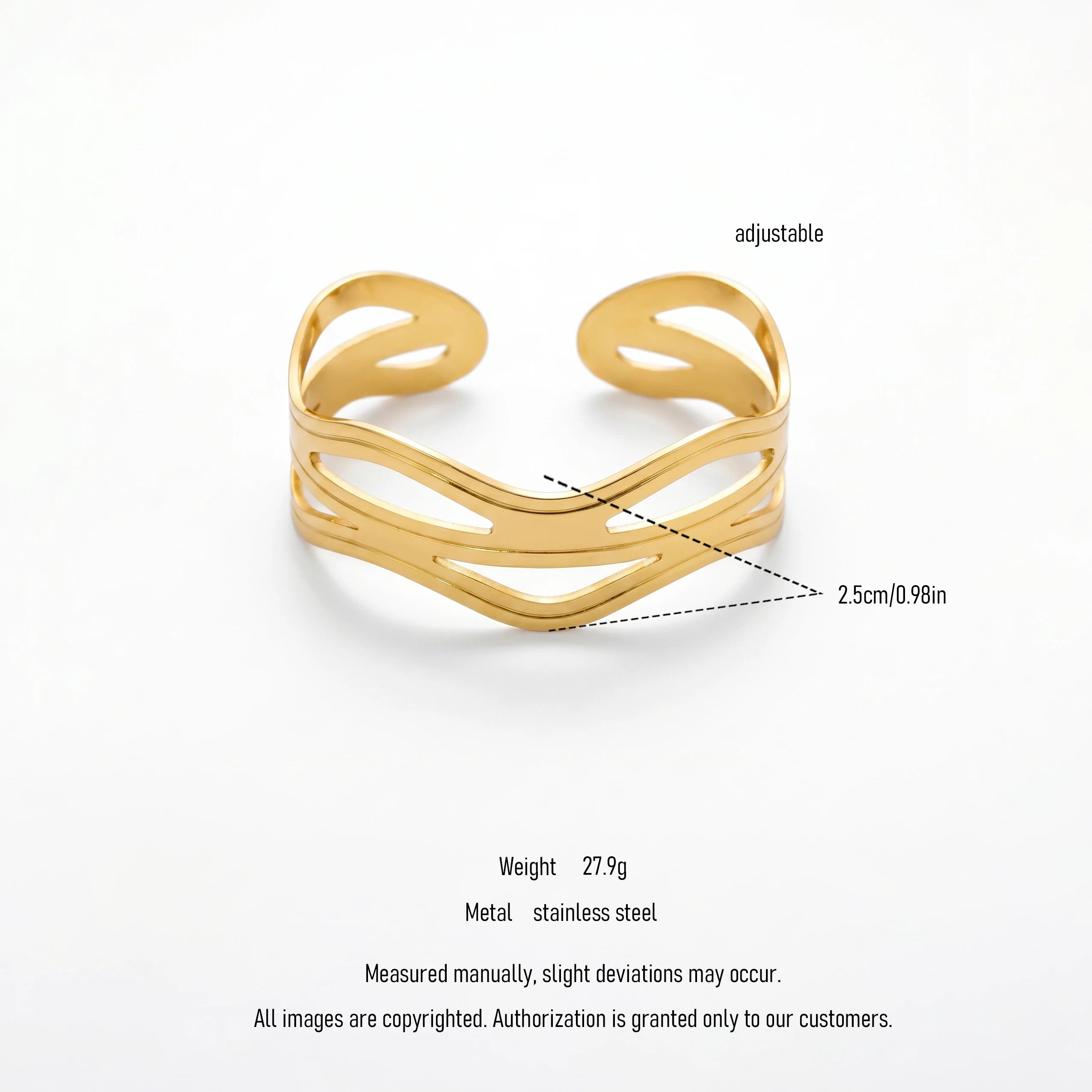 QIAOREN 12665 18K Gold Polished Triple Layer  Bracelet Stainless Steel Abstract Curved Adjustable Stackable Wrist Jewelry Gift