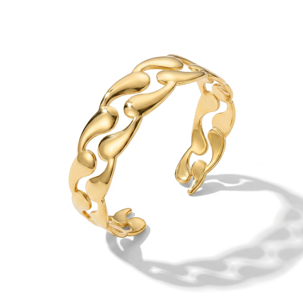 QIAOREN 12703 18K Gold Polished Interlocked Teardrop Chain Hollow Open Cuff Bracelet Stainless Steel Smooth Linked Adjustable