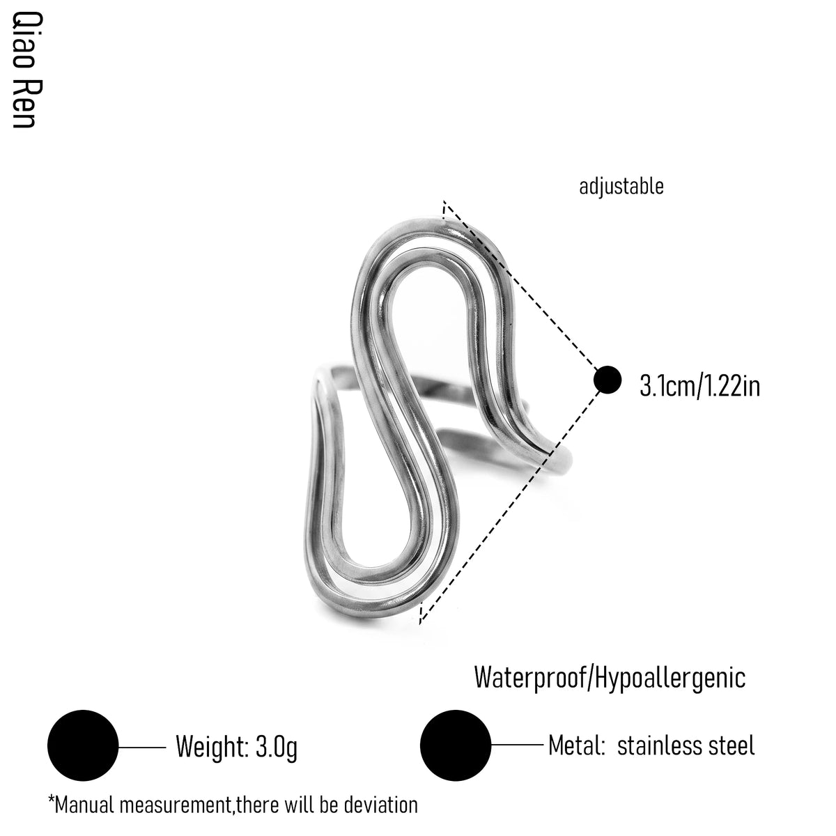 QIAOREN 14284-93 Abstract Irregular Wavy Open Cuff Ring Set, Adjustable Stackable Statement Rings, Stainless Steel Jewelry Gift
