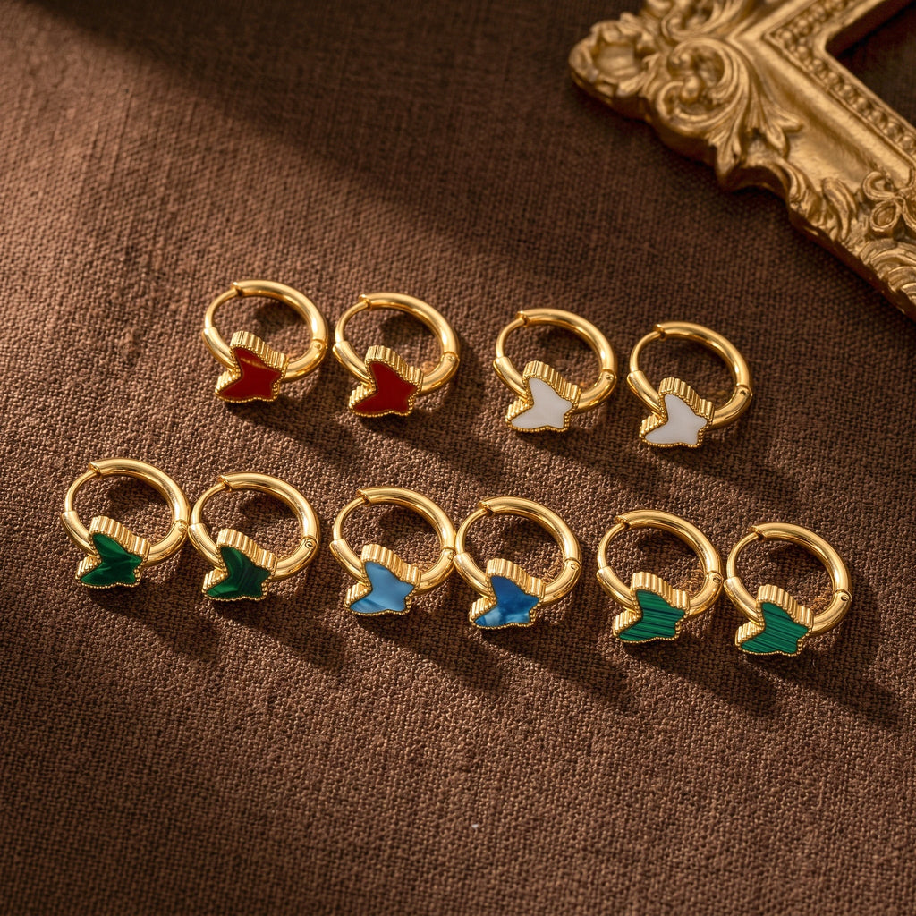 QIAOREN 12158-62 18K Gold Plated Stainless Steel Butterfly  Earrings Multi Color Shell Malachite Hoop Jewelry