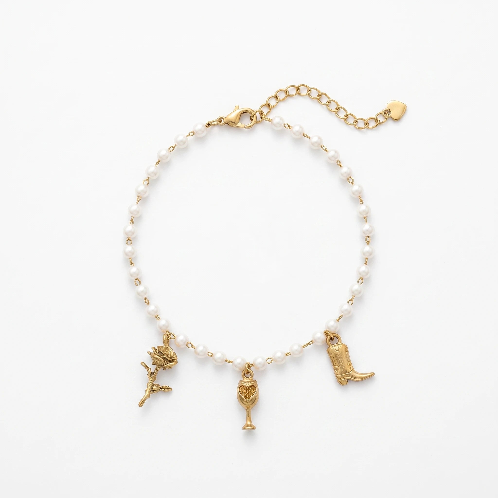 QIAOREN 13317 Delicate Pearl Anklet with Rose, Wine Glass & Boot Charms, Western Retro Foot Jewelry Gift for Daily Wear