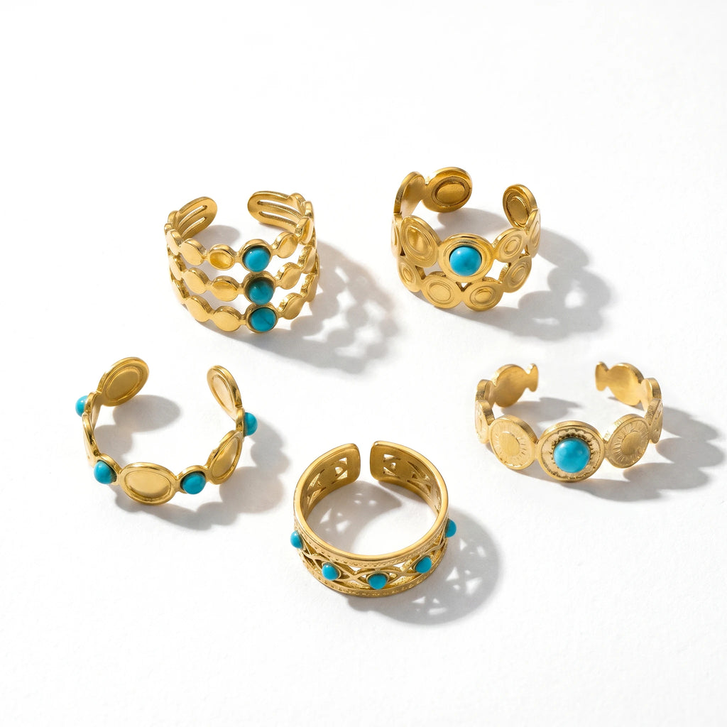 QIAOREN 13181-85 5Pcs Gold Stainless Steel Turquoise Open Ring Set Irregular Hammered Crown Adjustable Boho Stackable Rings
