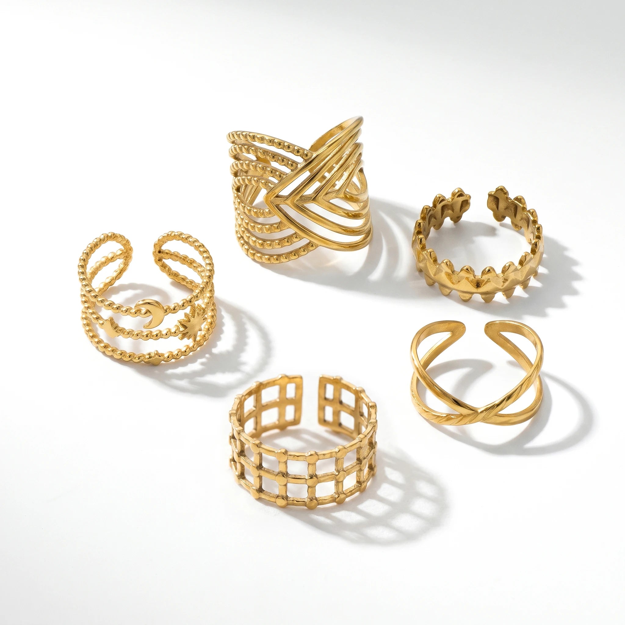 QIAOREN 13126-30 5Pcs 18K Gold Plated Stainless Steel Open Ring Set, Adjustable Stackable Durable Finger Rings
