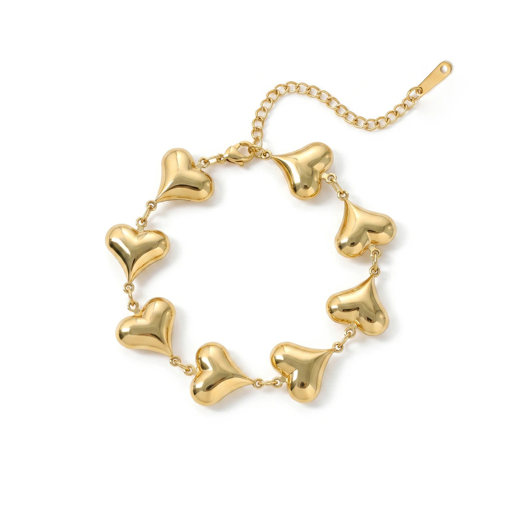 QIAOREN 12061 Popular US Romantic Design Stainless Steel Smooth Heart Linked Bracelet  Birthday Gift for American Girls