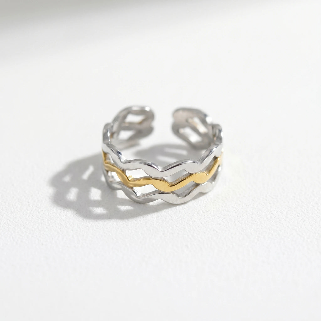 QIAOREN 12948-53 18K Gold Plated 316L Stainless Steel Two Tone Snake Star Adjustable Rings Set Tarnish Free Waterproof Jewelry
