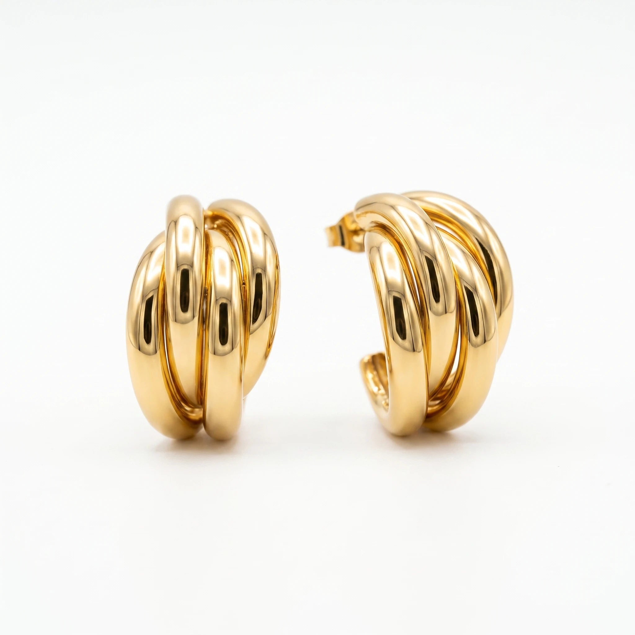 QIAOREN 14542 Multi Band Earrings, Polished Gold Layered Spring Clasp Earrings, Hypoallergenic Jewelry Gift