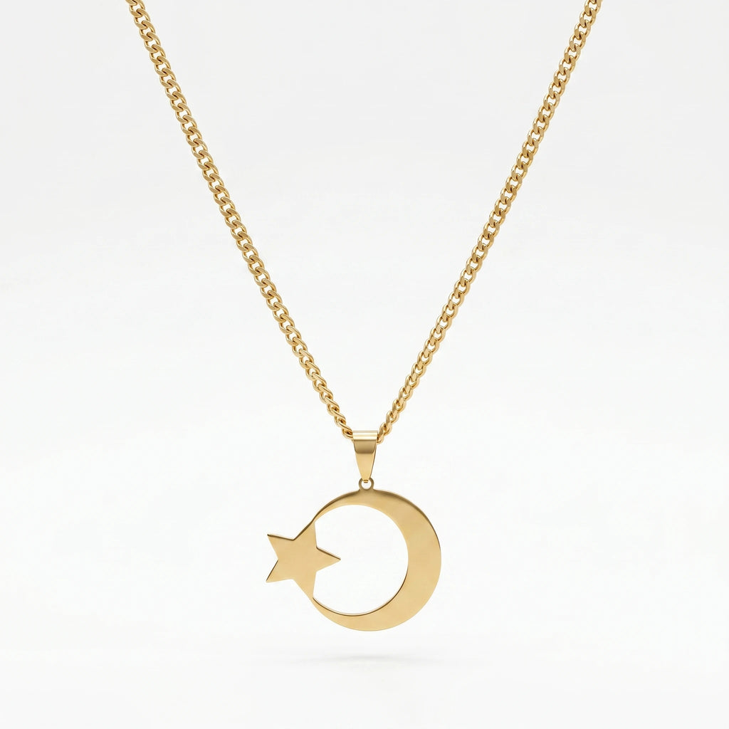 QIAOREN 11955  Stainless Steel Crescent Moon Star Pendant Necklace  Waterproof Cuban Link Chain