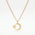 QIAOREN 11955  Stainless Steel Crescent Moon Star Pendant Necklace  Waterproof Cuban Link Chain