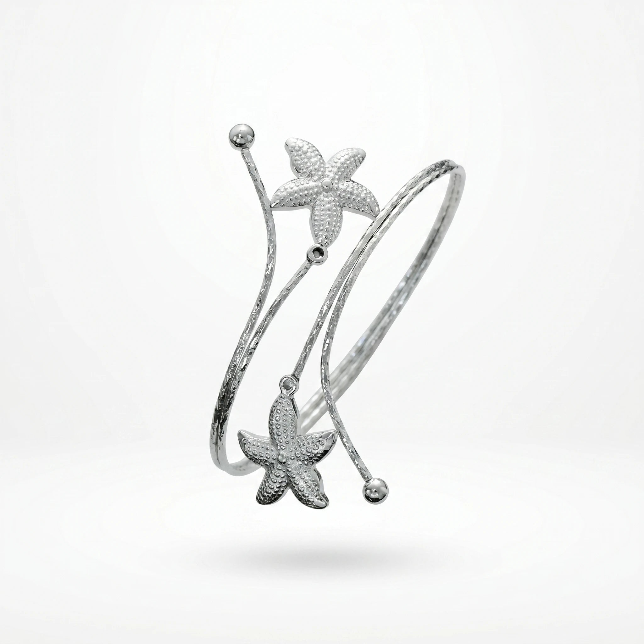 QIAOREN 12803 Stainless Steel Silver Double Starfish Open Cuff Bangle Adjustable Ocean Beach Wrist Bracelet for Women
