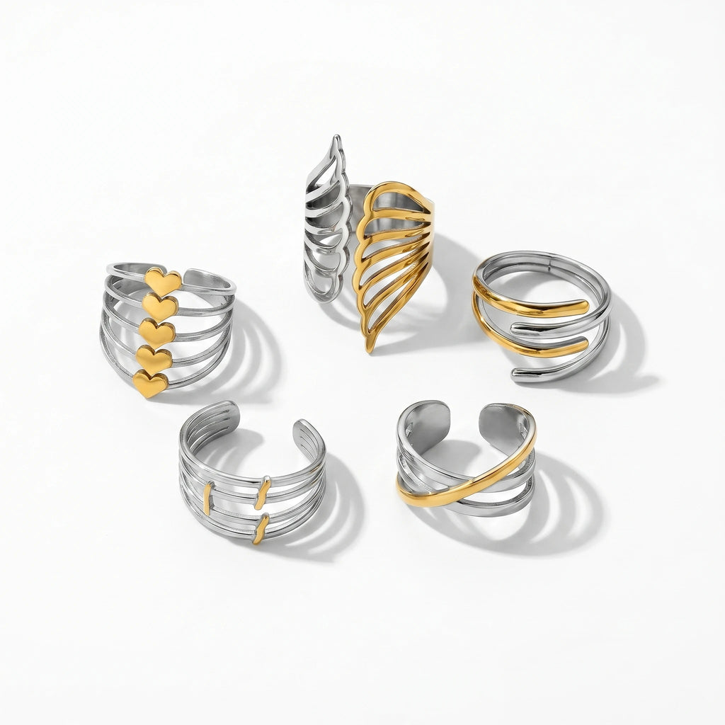 QIAOREN 12933-37 18K Gold Plated 316L Stainless Steel Two Tone Snake Star Adjustable Rings Set Tarnish Free Waterproof Jewelry