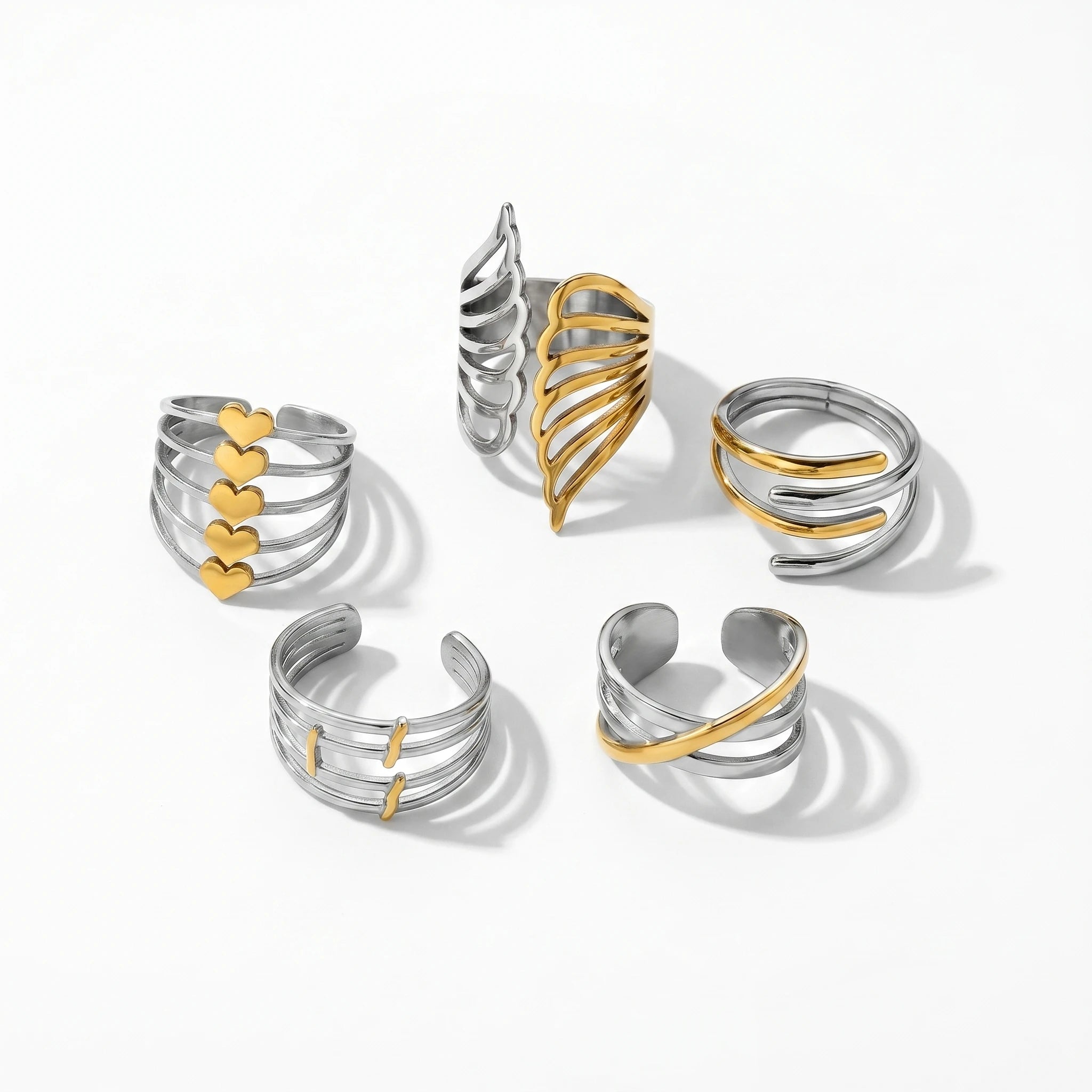 QIAOREN 12933-37 18K Gold Plated 316L Stainless Steel Two Tone Snake Star Adjustable Rings Set Tarnish Free Waterproof Jewelry