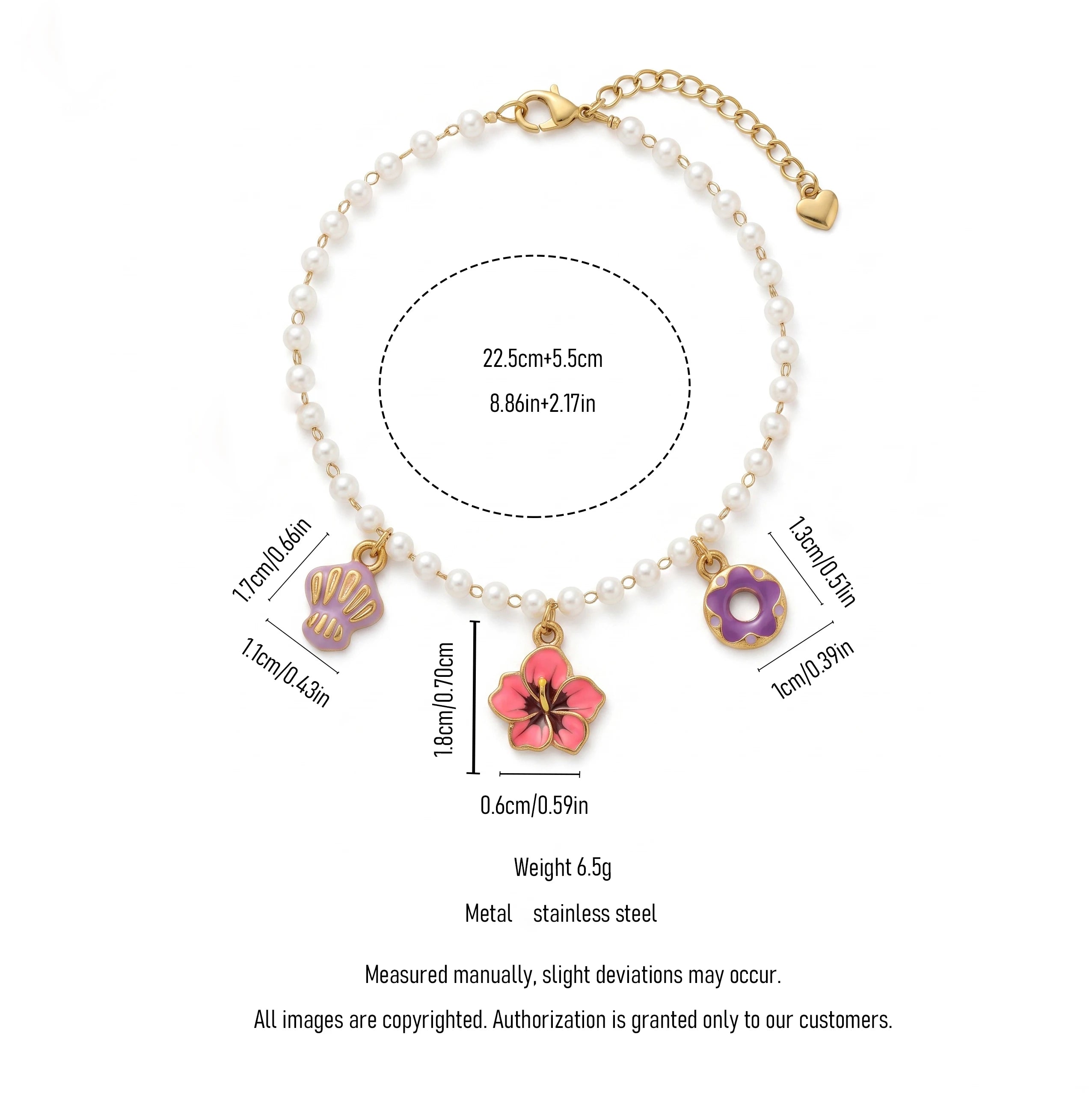 QIAOREN 13309 Pearl Beaded Anklet Gold Stainless Steel Enamel Flower Shell Donut Charms Extender Dainty Summer Jewelry Gift