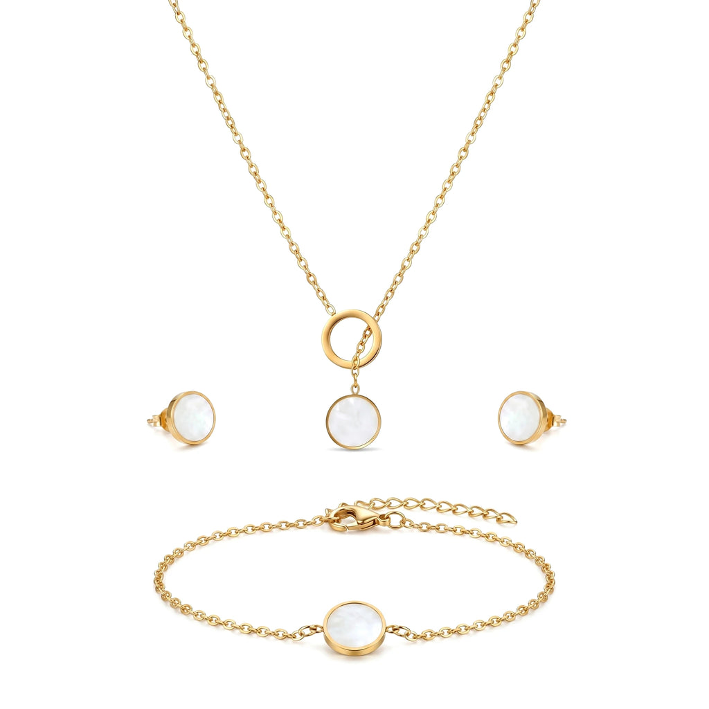 QIAOREN 11938 Trendy Mother of Pearl Round Jewelry Set Gold Stainless Steel Circle Necklace Earrings Bracelet for Women US EU
