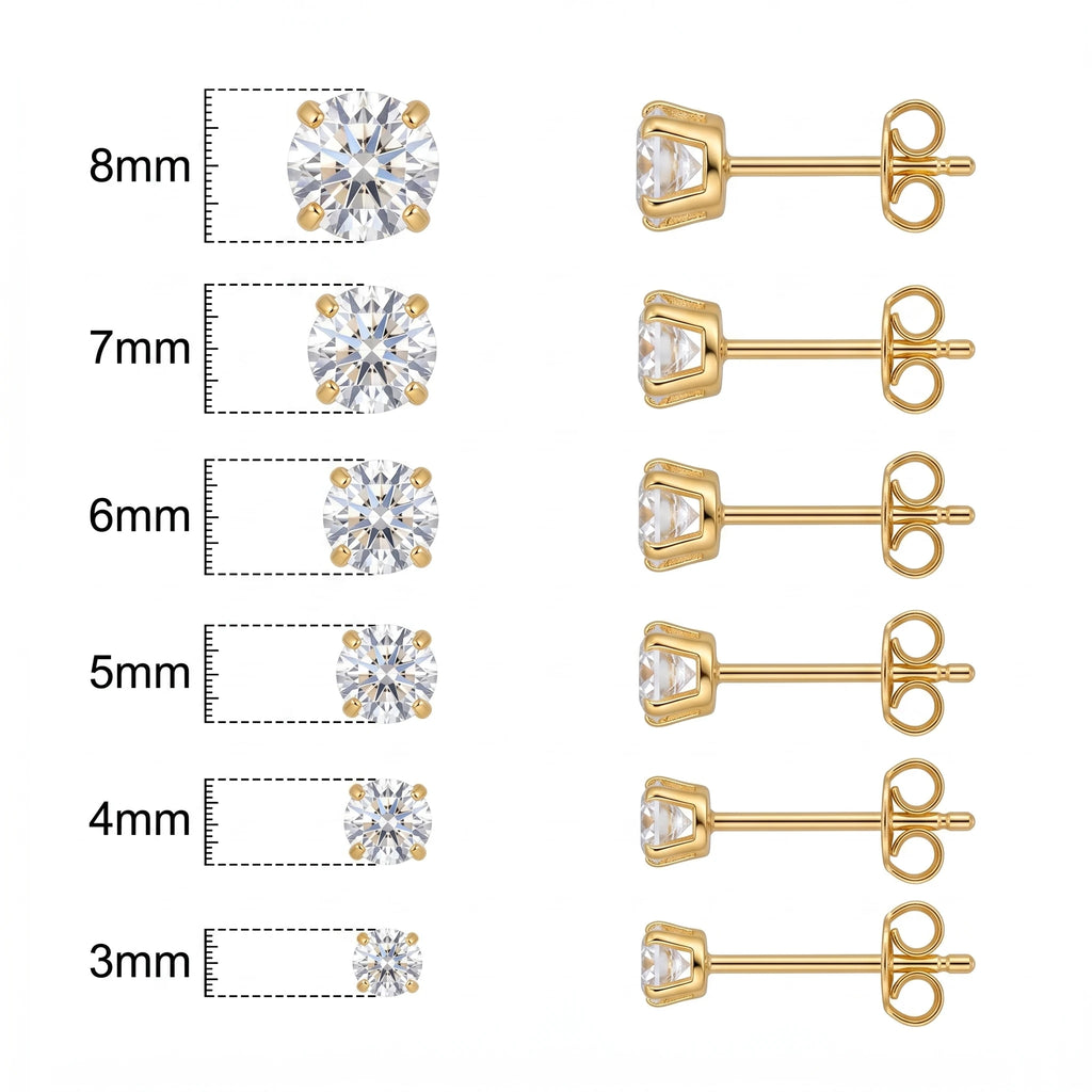 QIAOREN12597 Princess Cut Four Prong Stud Earrings Waterproof Stainless Steel 18K Gold Multi Sizes Anti-allergy Minimal Piercing