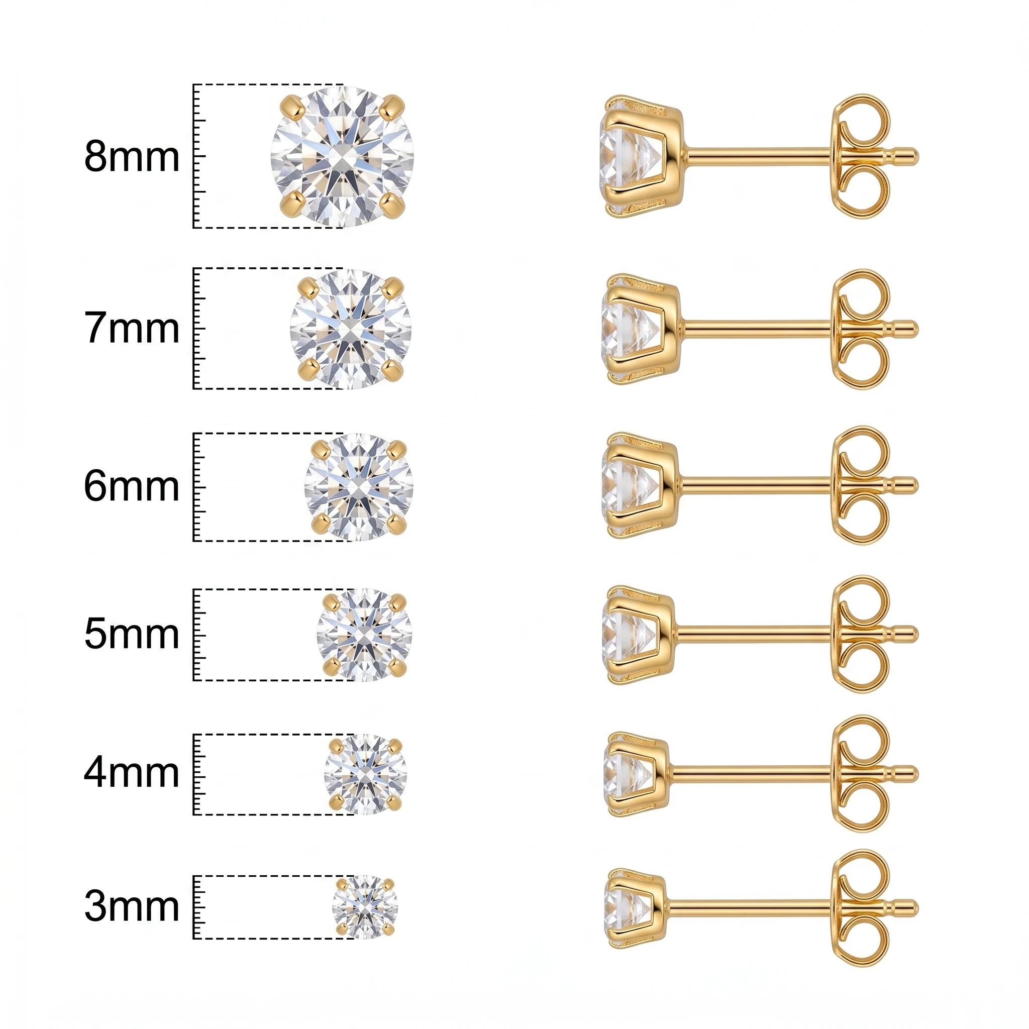 QIAOREN12597 Princess Cut Four Prong Stud Earrings Waterproof Stainless Steel 18K Gold Multi Sizes Anti-allergy Minimal Piercing