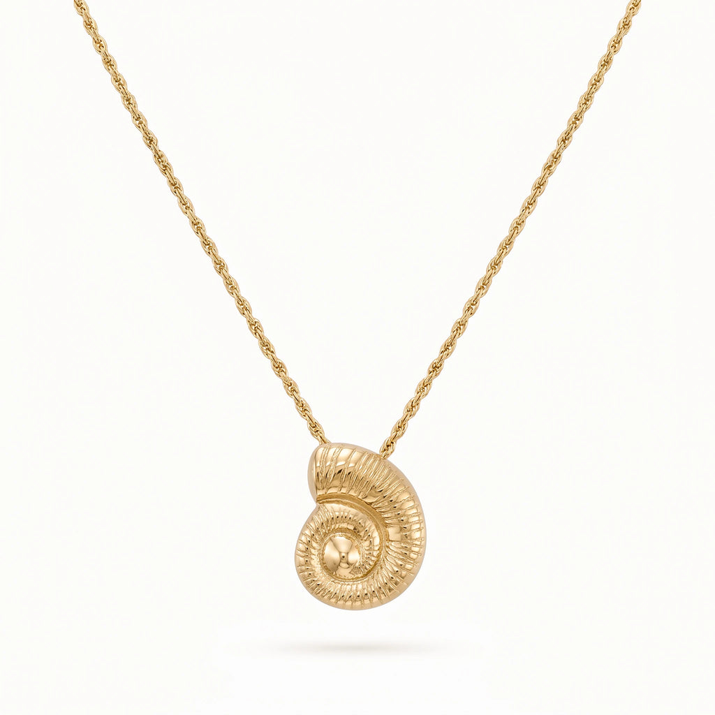 QIAOREN 11725 Retro Embossed Conch Pendant Necklace Gold Stainless Steel Twist Rope Chain Nautical Jewelry for Western Girls