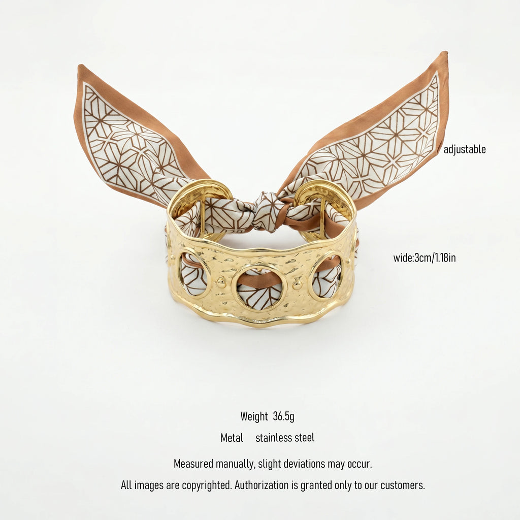 QIAOREN 10999 Luxury Hollow Wide Cuff Bracelet Stainless Steel Silk Ribbon Wrap Bangle for Women Summer Vacation Style
