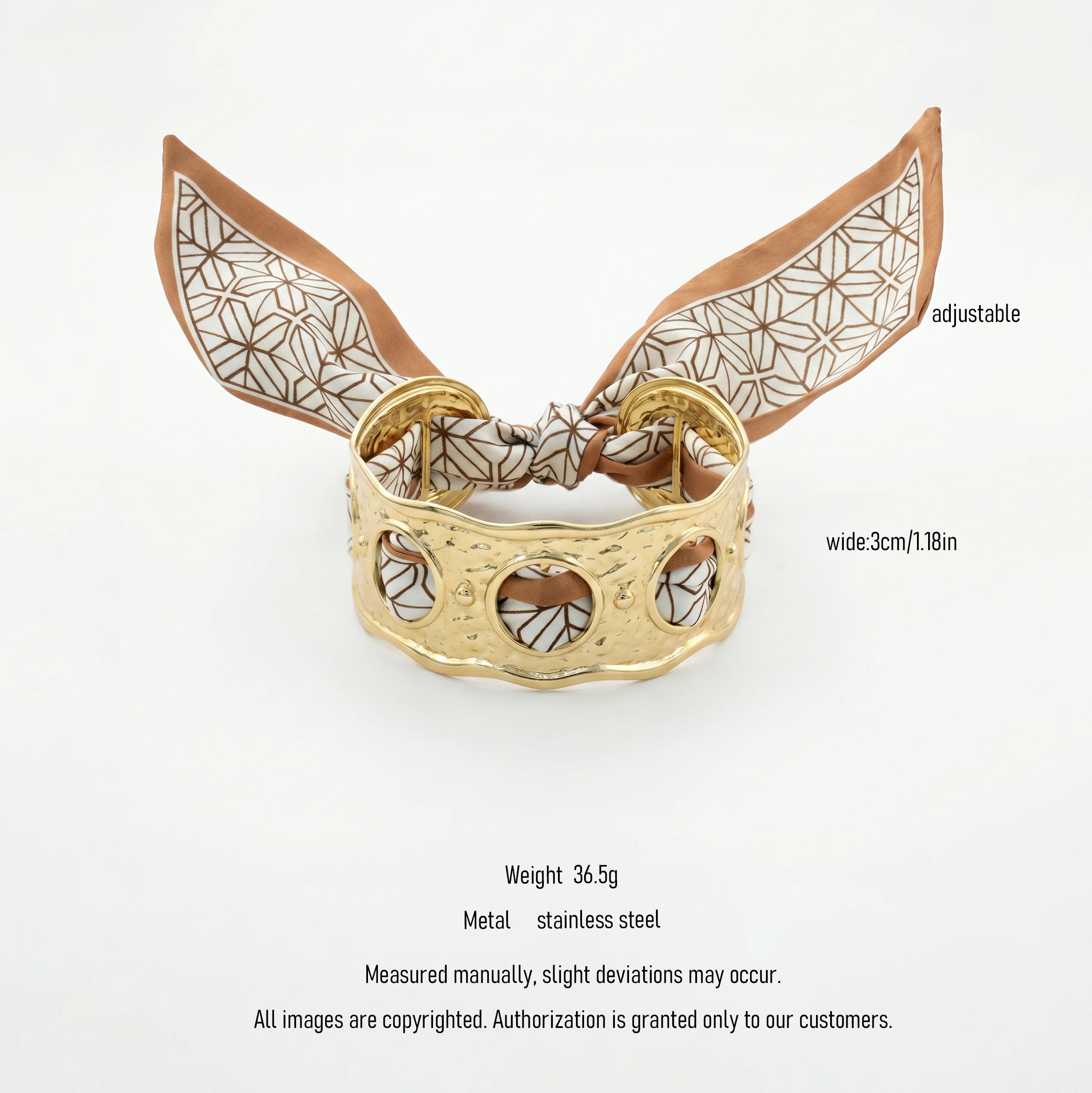 QIAOREN 10999 Luxury Hollow Wide Cuff Bracelet Stainless Steel Silk Ribbon Wrap Bangle for Women Summer Vacation Style