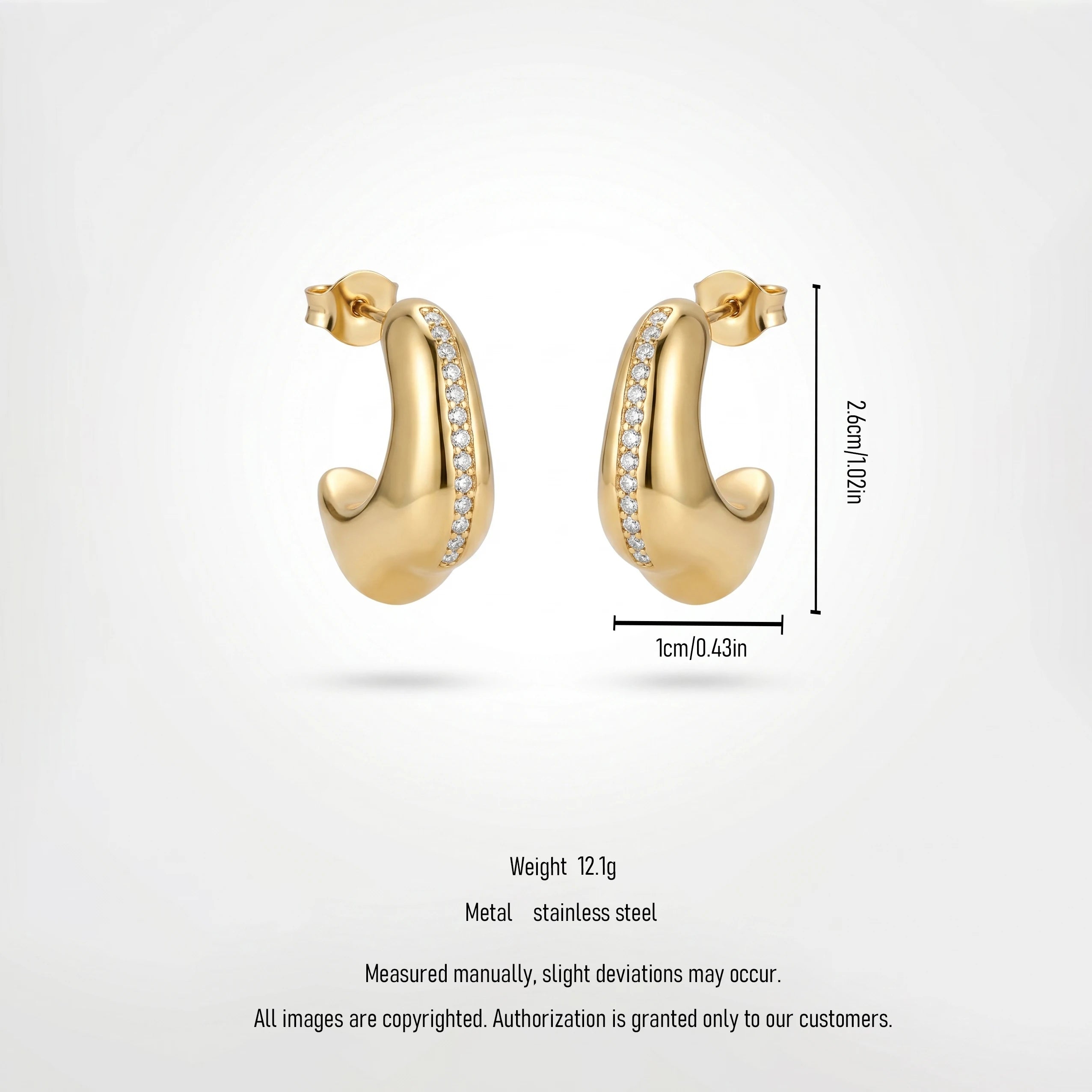 QIAOREN 12514 Bold Puffy C Hoop Earrings Gold Stainless Steel Pave Zircon Stripe Chunky Studs Jewelry US EU