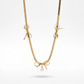 QIAOREN 13752 Flat Herringbone Snake Choker Necklace with Three Metal Bow Charms Hanging Single White Pearl