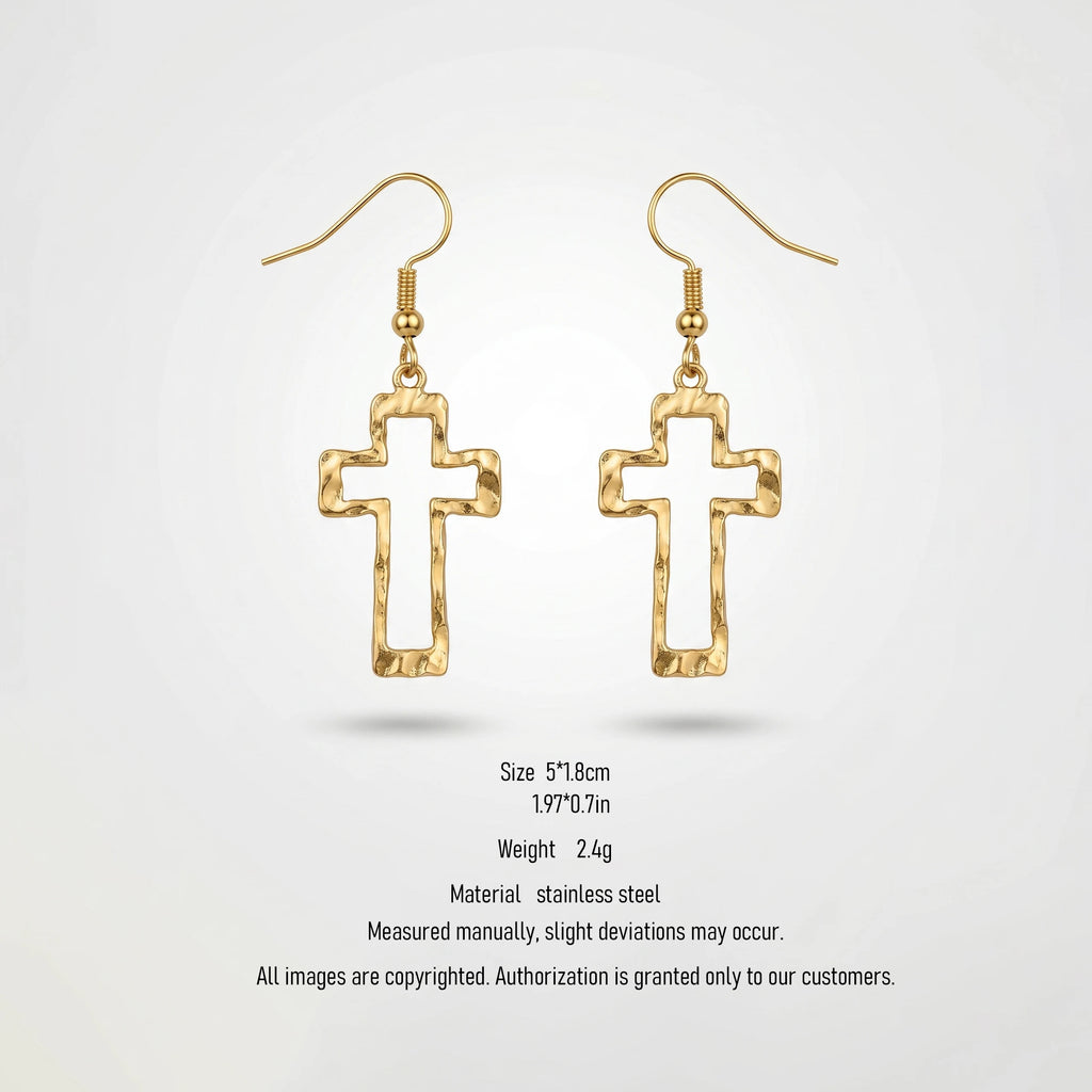 QIAOREN 10584 Hollow Cross Drop Earrings 18K Gold Plated Stainless Steel Waterproof Tarnish Free Trendy Party Religious Jewelry