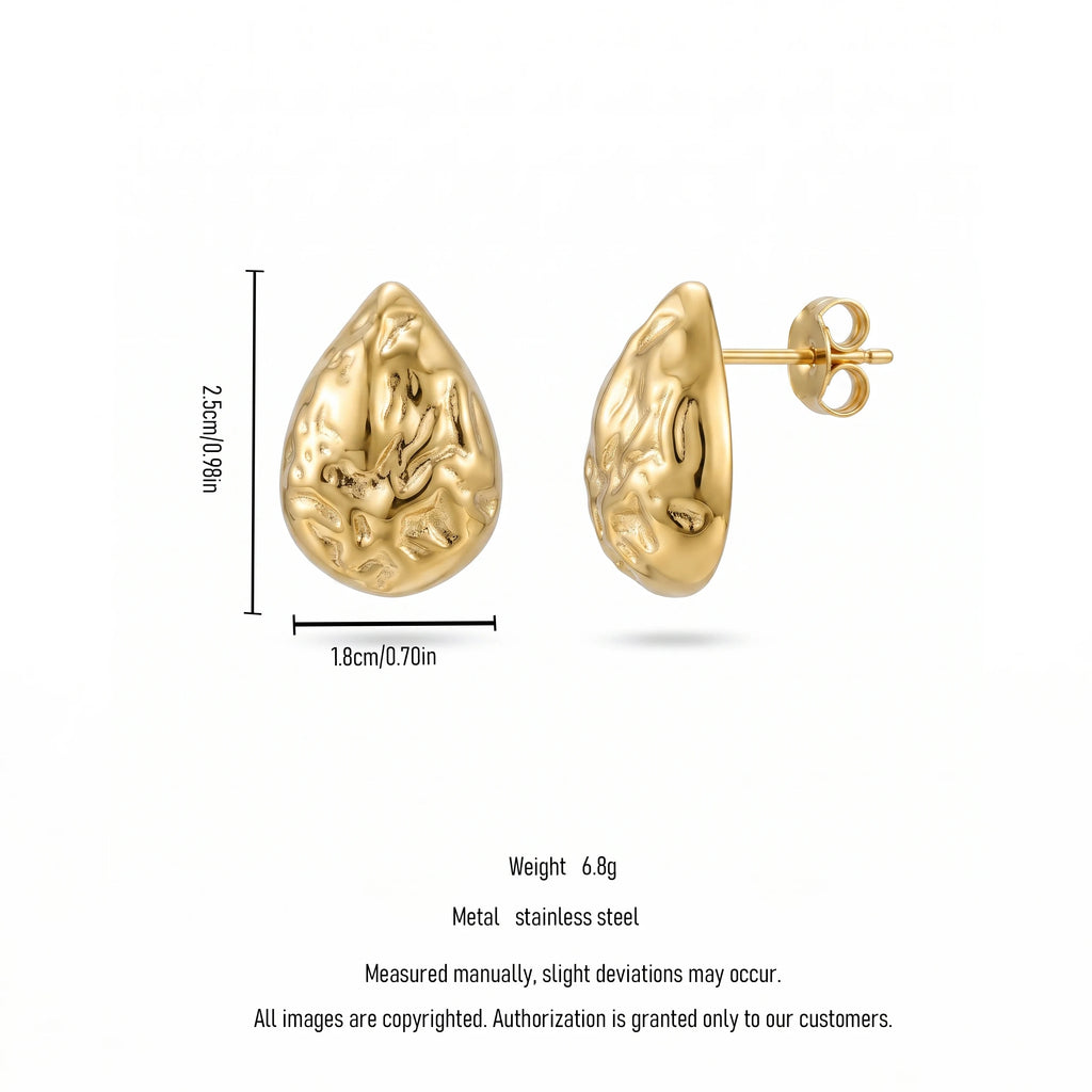 QIAOREN 14019 Polished Gold Hammered Textured Teardrop Stud Earrings, Irregular Crinkle Surface Water Drop Ear Stud Jewelry Gift
