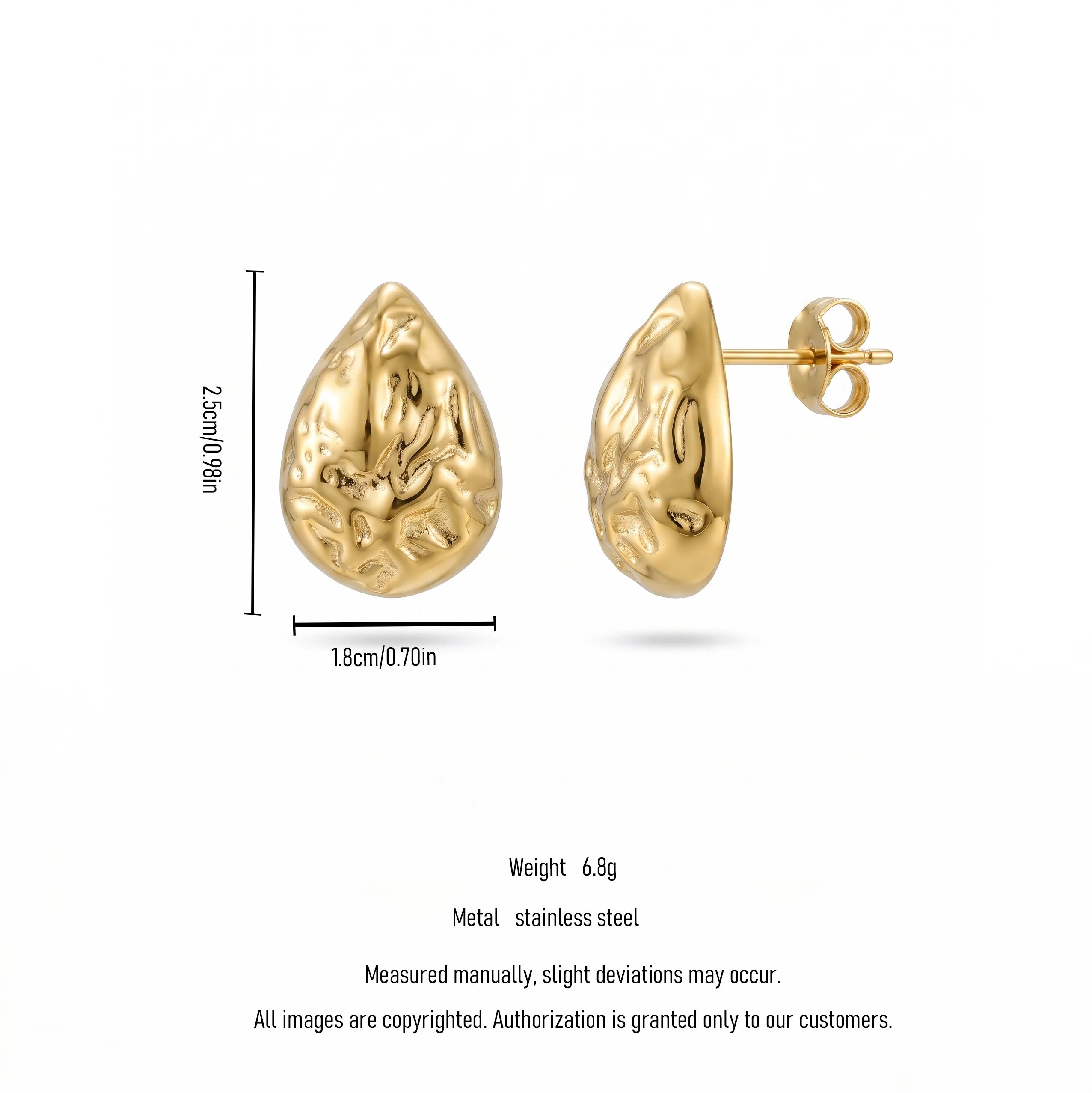 QIAOREN 14019 Polished Gold Hammered Textured Teardrop Stud Earrings, Irregular Crinkle Surface Water Drop Ear Stud Jewelry Gift