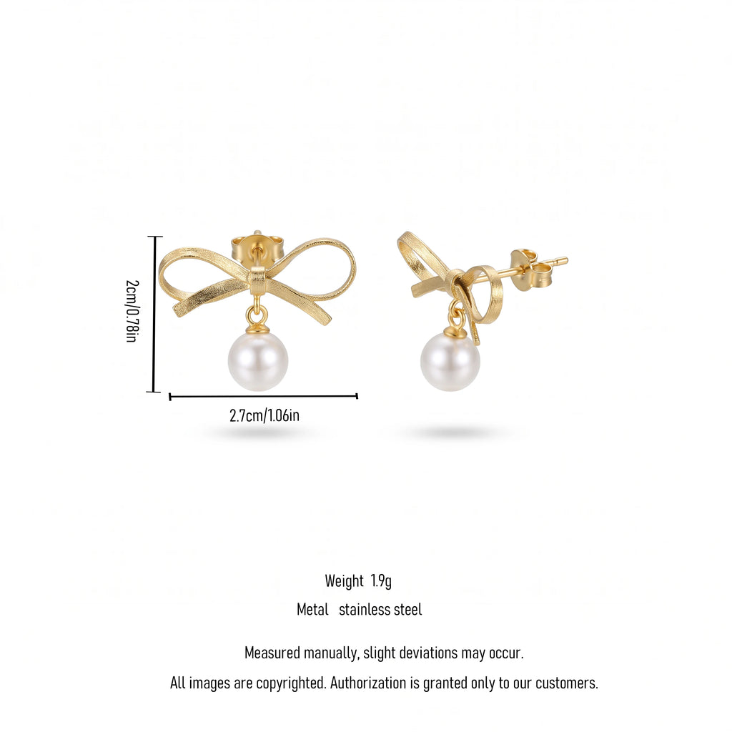 QIAOREN 13819 Textured Matte Bow Knot Stud Earrings with Dangling Single Round White Pearl Drop Pendant, Polished Gold Dainty