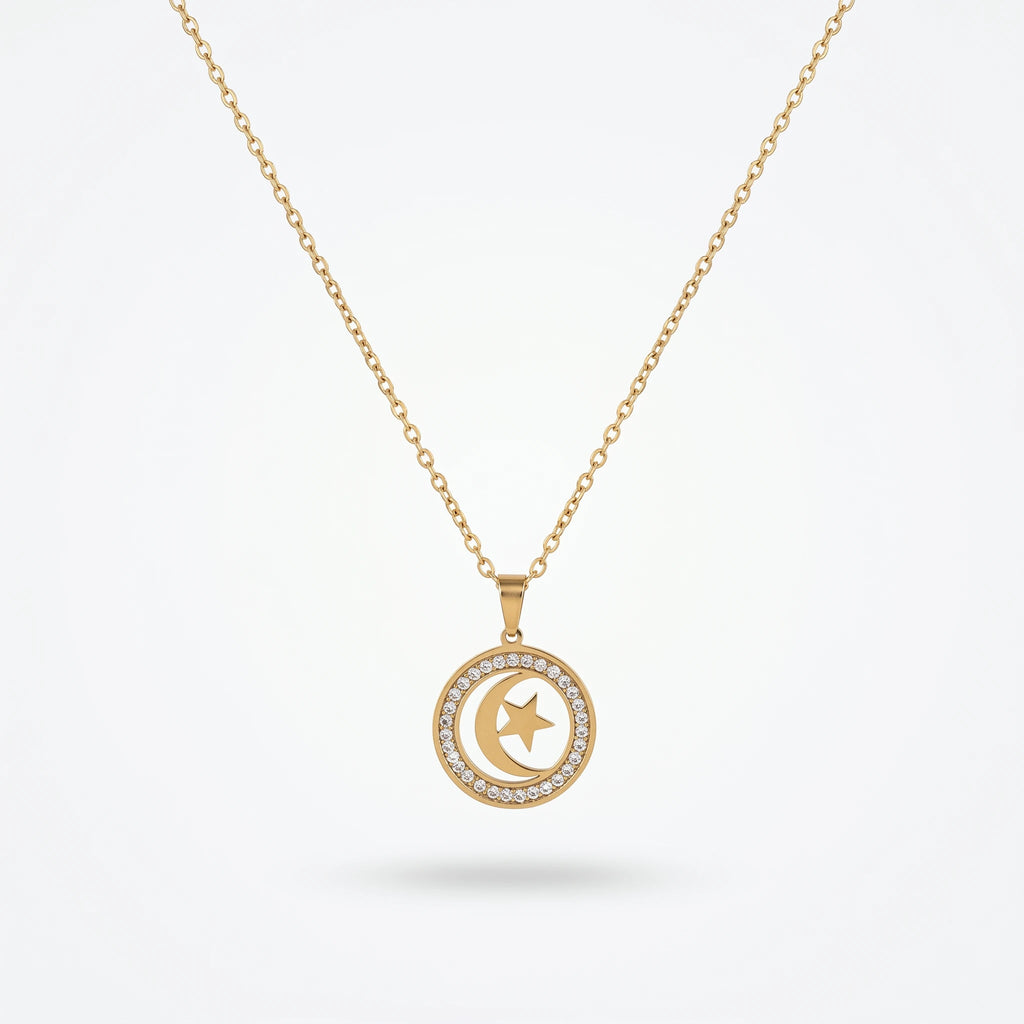 QIAOREN 10851 Trendy 18K Gold Plated Stainless Steel Link Chain Moon and Star Necklace for Unisex Party Daily Wear