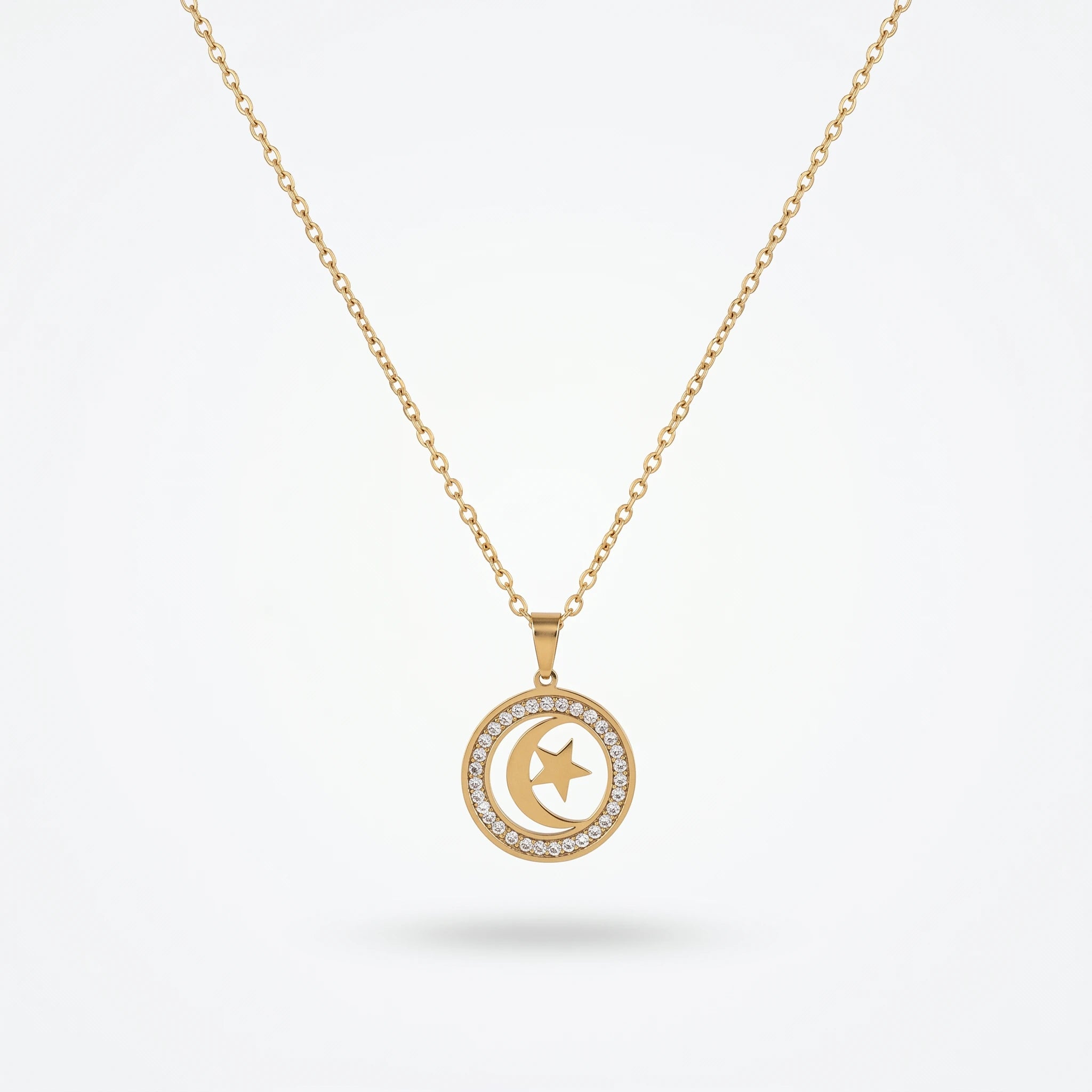 QIAOREN 10851 Trendy 18K Gold Plated Stainless Steel Link Chain Moon and Star Necklace for Unisex Party Daily Wear