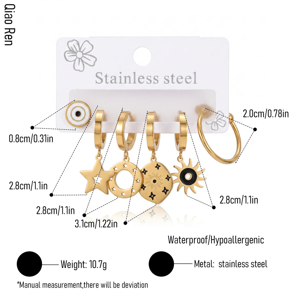 QIAOREN 14502 Stainless Steel Earring Set, Geometric Star Sun Pack Vintage Enamel Dangle Earrings Fashion Jewelry Gift