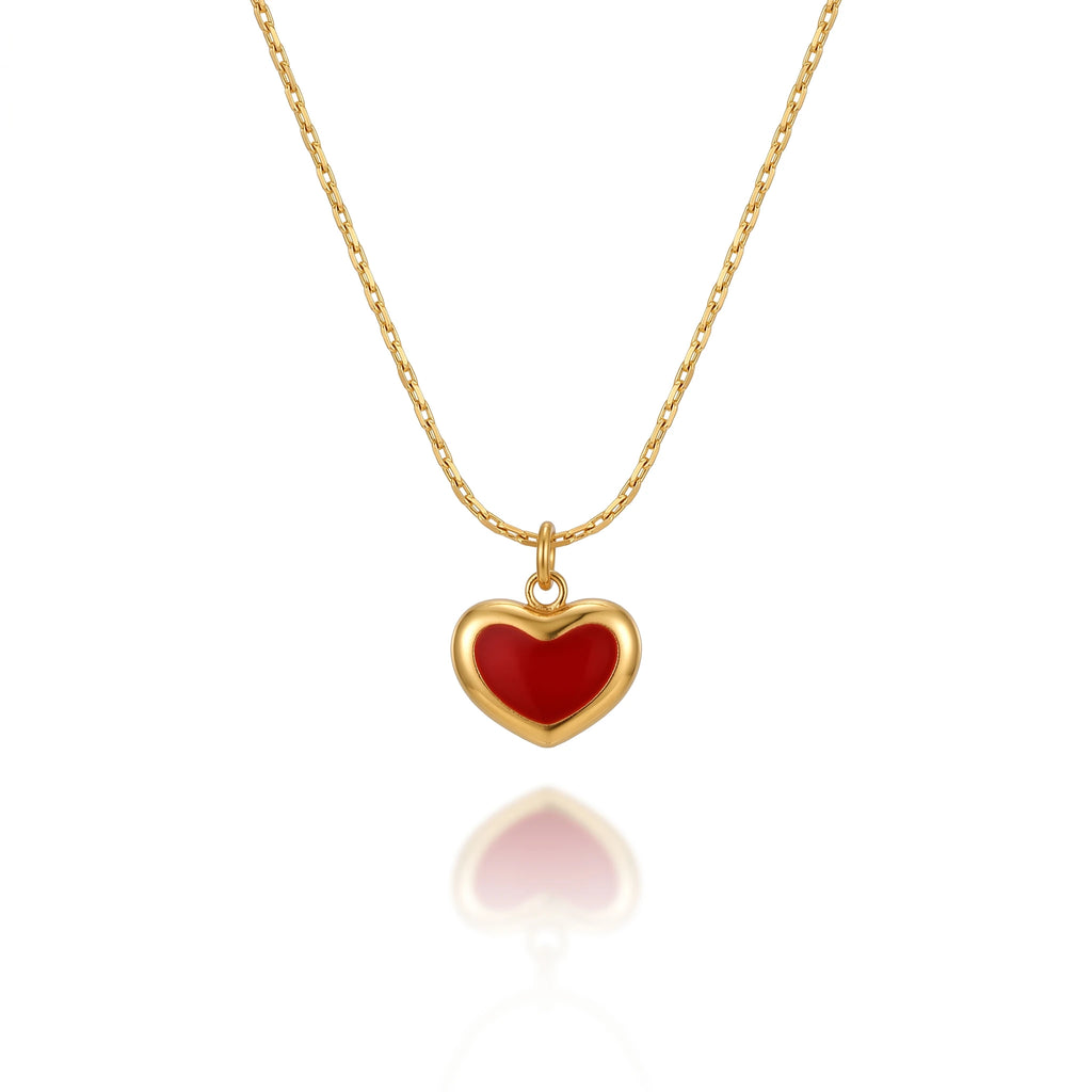 QIAOREN 13513 Dainty Solid Red Enamel Heart Pendant Necklace, Thin Gold Cable Chain Single Mini Love Charm Necklace