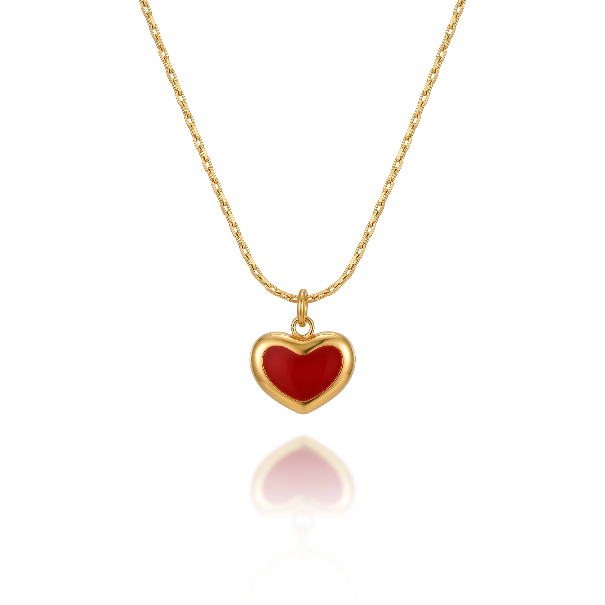 QIAOREN 13513 Dainty Solid Red Enamel Heart Pendant Necklace, Thin Gold Cable Chain Single Mini Love Charm Necklace
