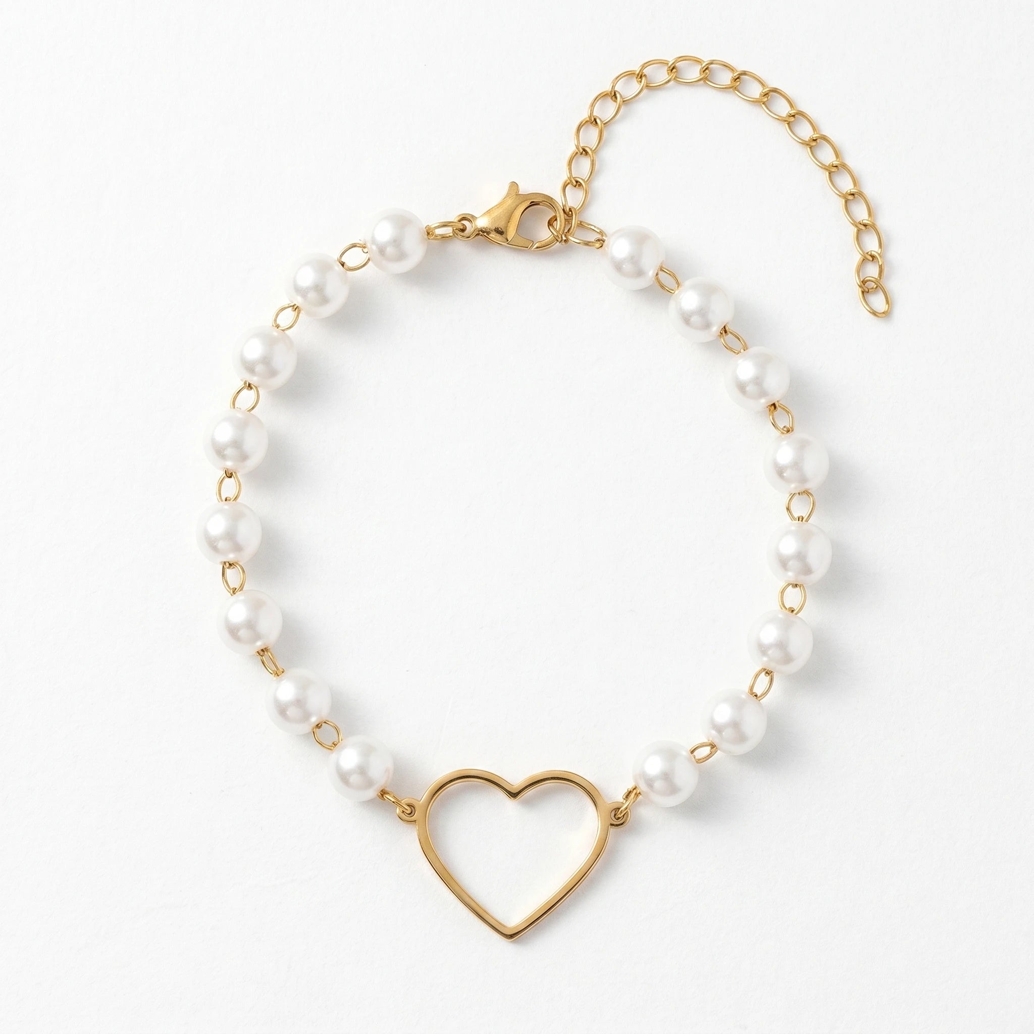 QIAOREN11950Trendy White Pearl Beaded Heart Bracelet Stainless Steel 18K Gold Plated Hollow Open Heart Romantic Jewelry US EU