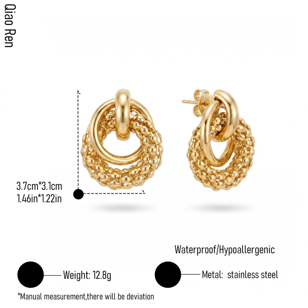 QIAOREN 14538 Beaded Ring Interlocking Stud Earrings, Textured & Polished Gold Metal Earrings, Hypoallergenic Jewelry Gift