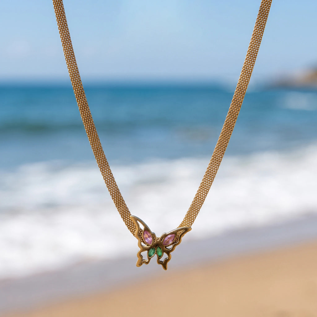 QIAOREN 14008 Wide Mesh Snake Chain Pendant Necklace with Hollow Butterfly Charm Inlaid Pink and Green Marquise CZ Stones