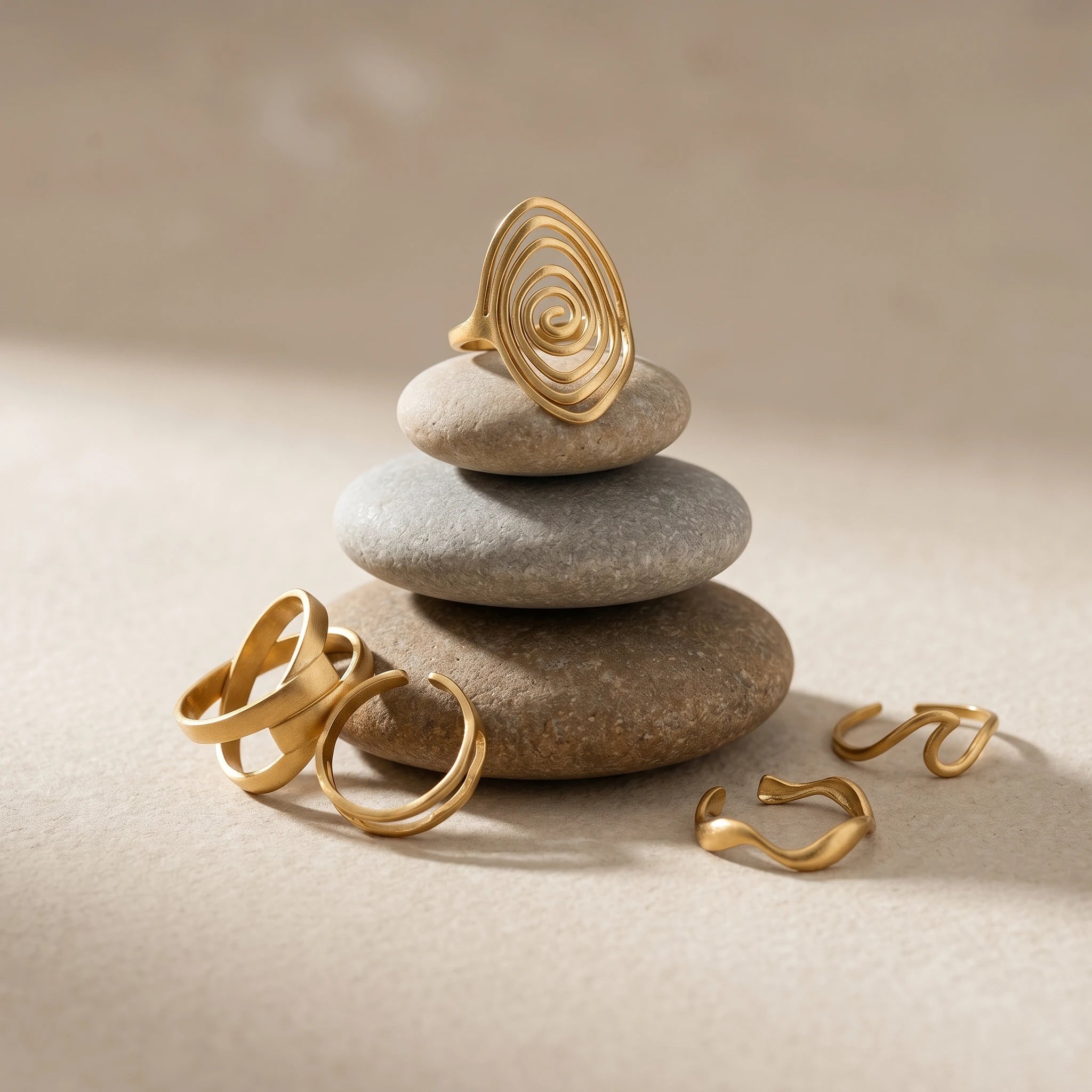 QIAOREN 5Pcs 18K Gold Plated Stainless Steel Adjustable Open Ring Set Spiral Wave Stackable Statement Rings for Women