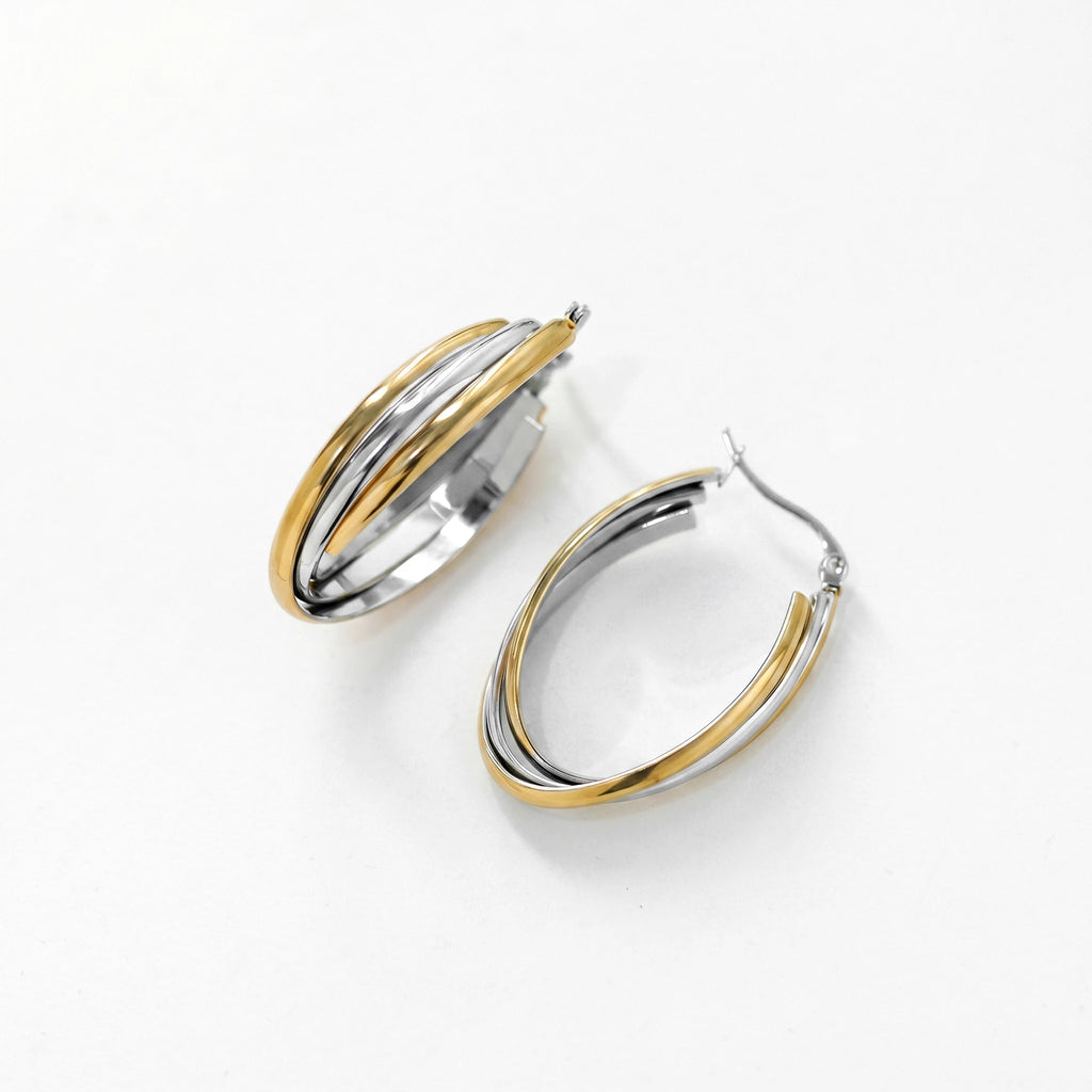 QIAOREN 12405 Waterproof Tarnish Free Triple Band Hoop Earrings Gold Silver Two-Tone Multi-Layer Latchback Hoops Europe US