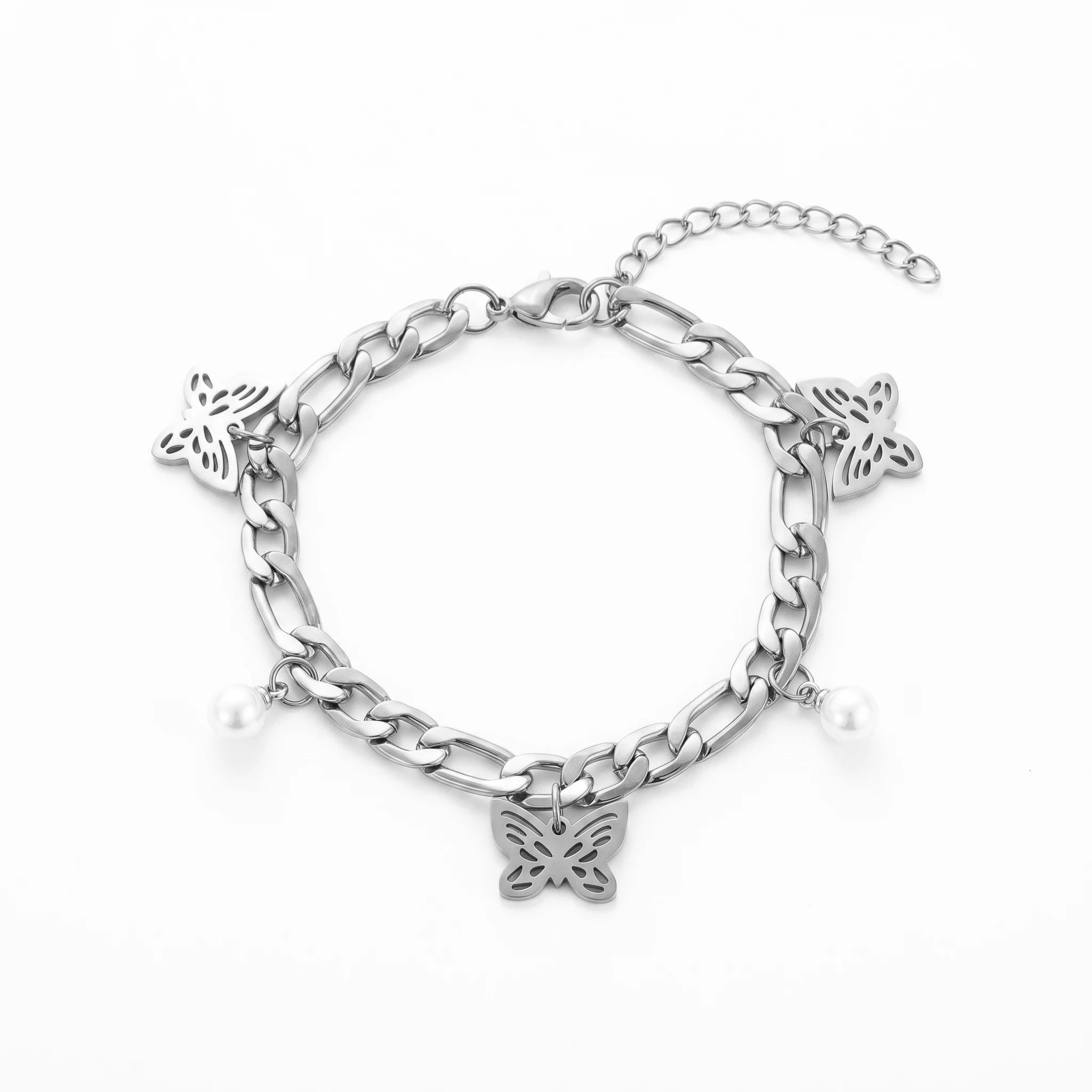 QIAOREN 11063 Trendy Butterfly Pearl Bracelet for Women Waterproof Stainless Steel Gold Cuban Link Chain Fashion Jewelry
