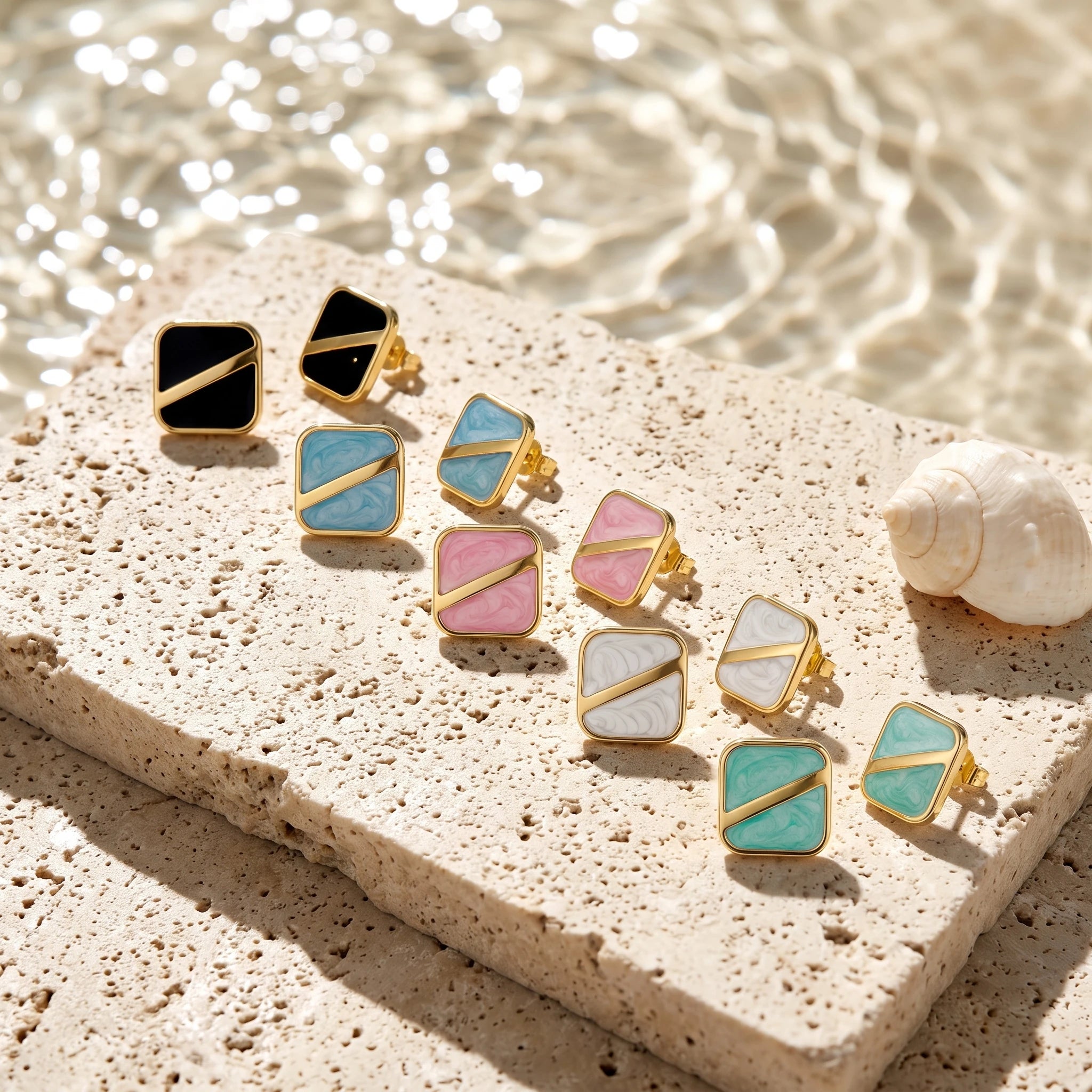 QIAOREN 13642-46 Geometric Square Marble Resin Stud Earring Set, Diagonal Gold Line Gloss Inlay Gold Frame