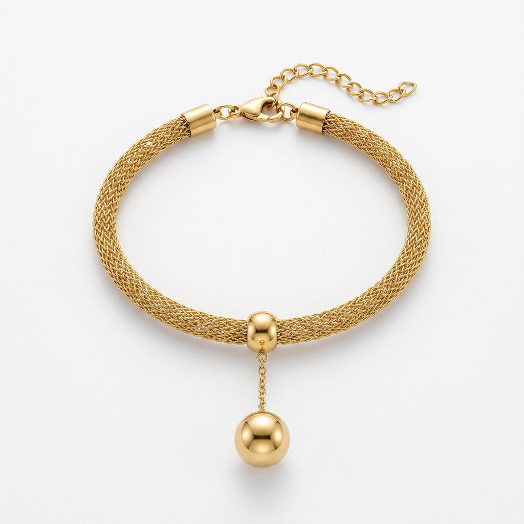 QIAOREN 13292 Gold Plated Stainless Steel Mesh Bracelet Ball Charm Chain Bracelet Minimalist Statement Jewelry for Women