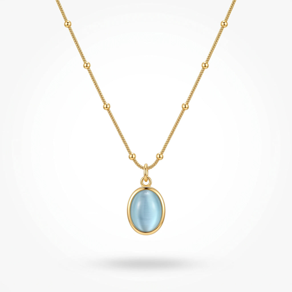QIAOREN 13477 Dainty Beaded Snake Chain Oval Light Blue Cat Eye Pendant Necklace, Minimalist Cool Tone Necklace