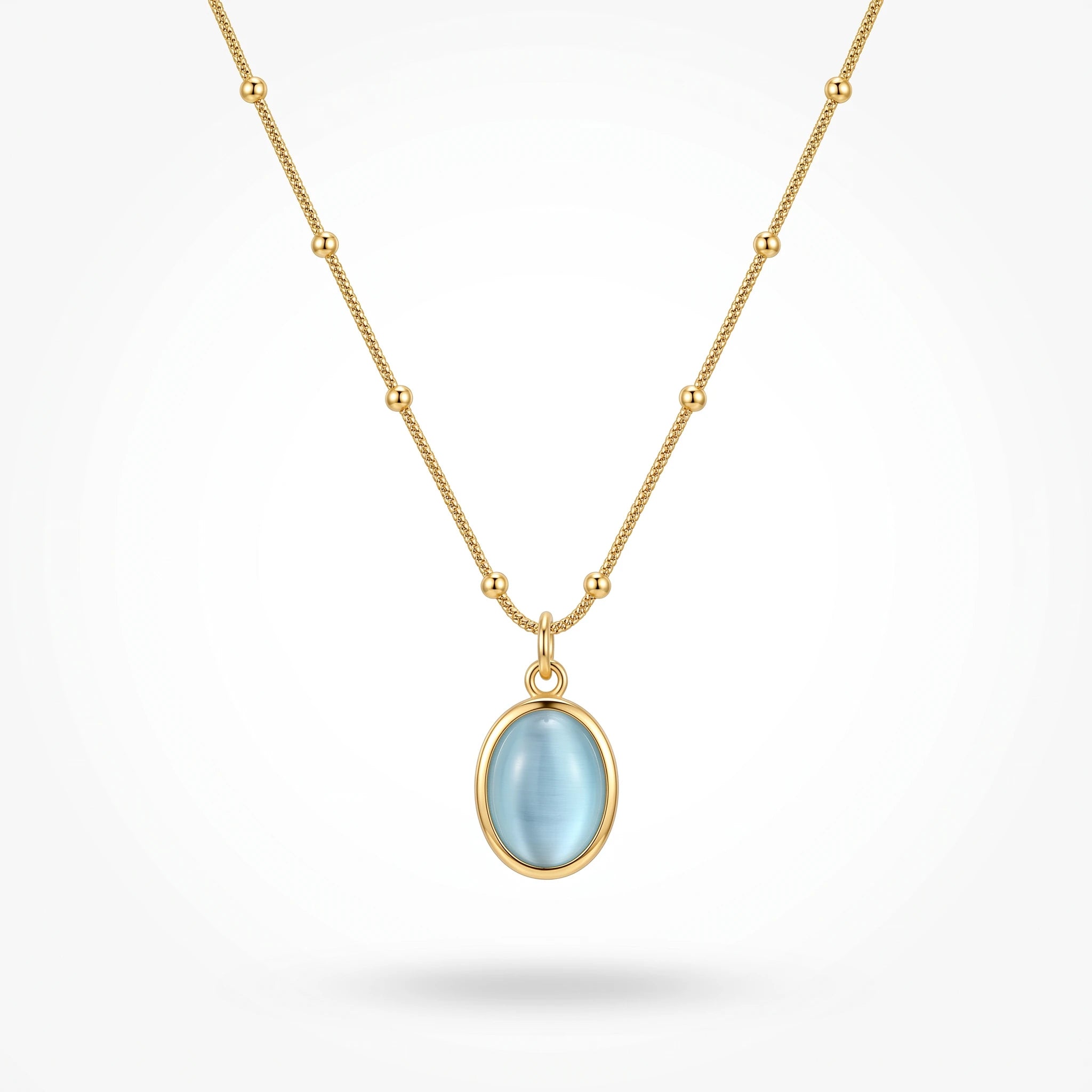 QIAOREN 13477 Dainty Beaded Snake Chain Oval Light Blue Cat Eye Pendant Necklace, Minimalist Cool Tone Necklace